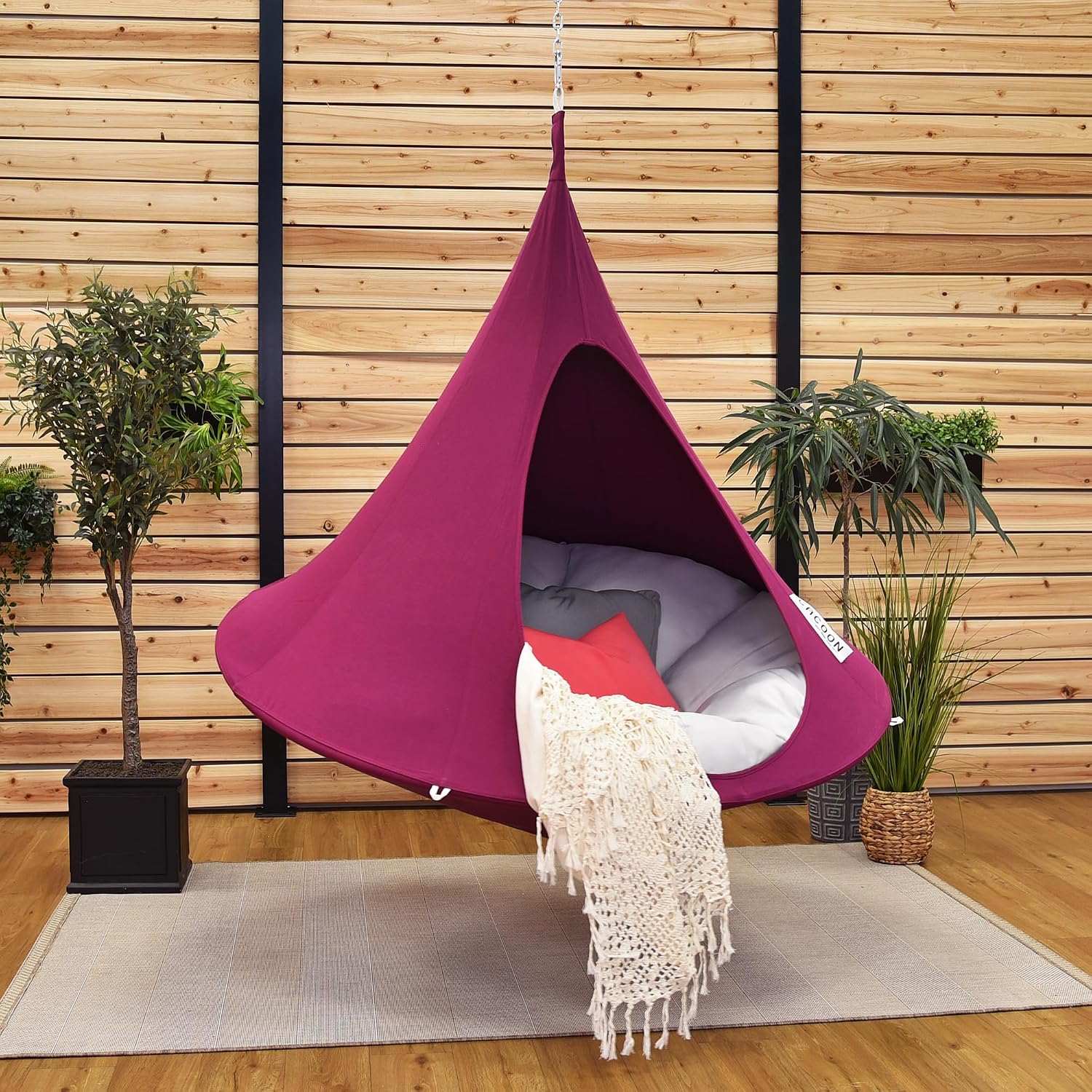 Single Cacoon Hanging Chair – Cozy Indoor/Outdoor Hammock with Polyester Canvas, 440 lb Capacity, Includes 18ft Rope & Carabiner (Mulberry)