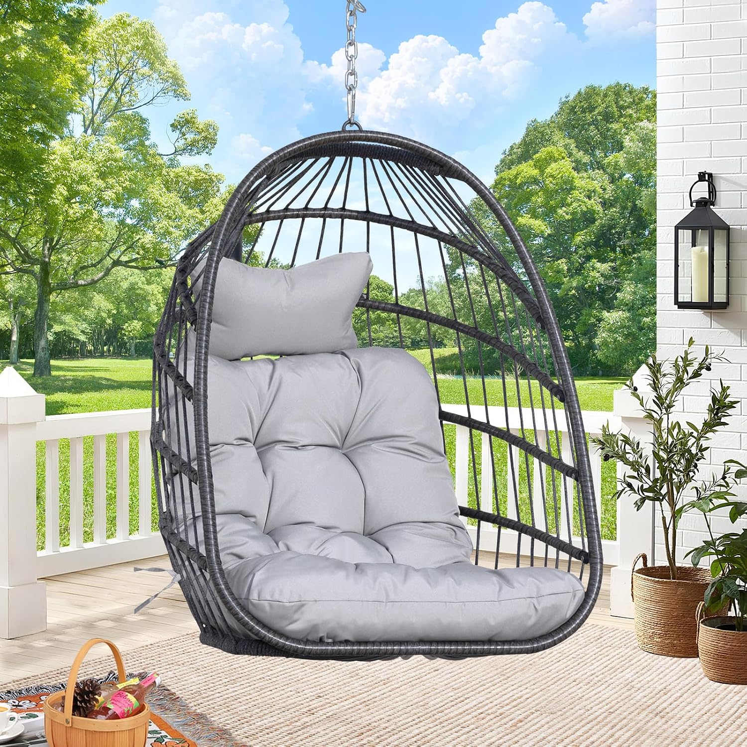 RADIATA Outdoor Hanging Egg Chair Without Stand, Foldable Rattan Wicker Swing Basket, 350 Lbs Heavy-Duty Hammock Chair with Cushion & Pillow for Patio Balcony Bedroom Garden Ceiling Tree, Light Gray