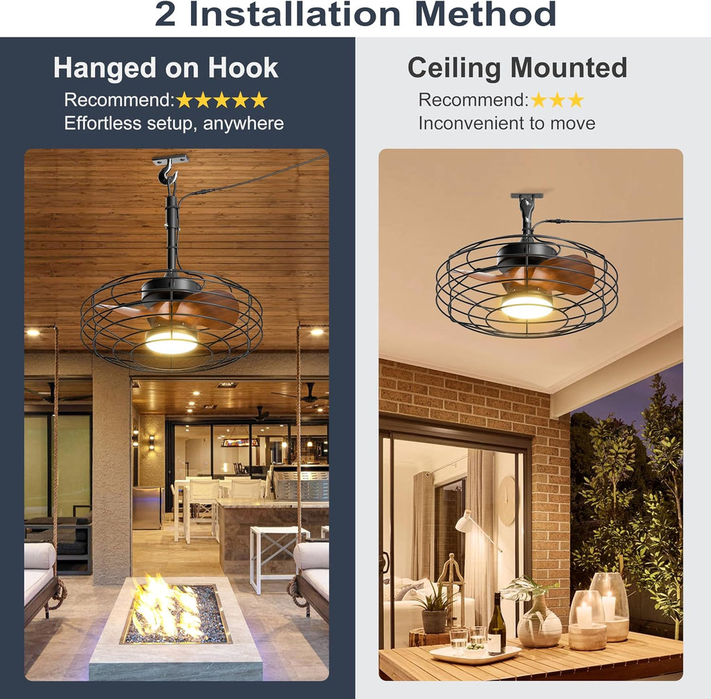 Coolbull Plug and Play Outdoor Ceiling Fans with Lights, 20'' Wet Rated Gazebo Fan Remote/APP Control, Dimmable Hanging Fan for Patio Pergola, Wood Color