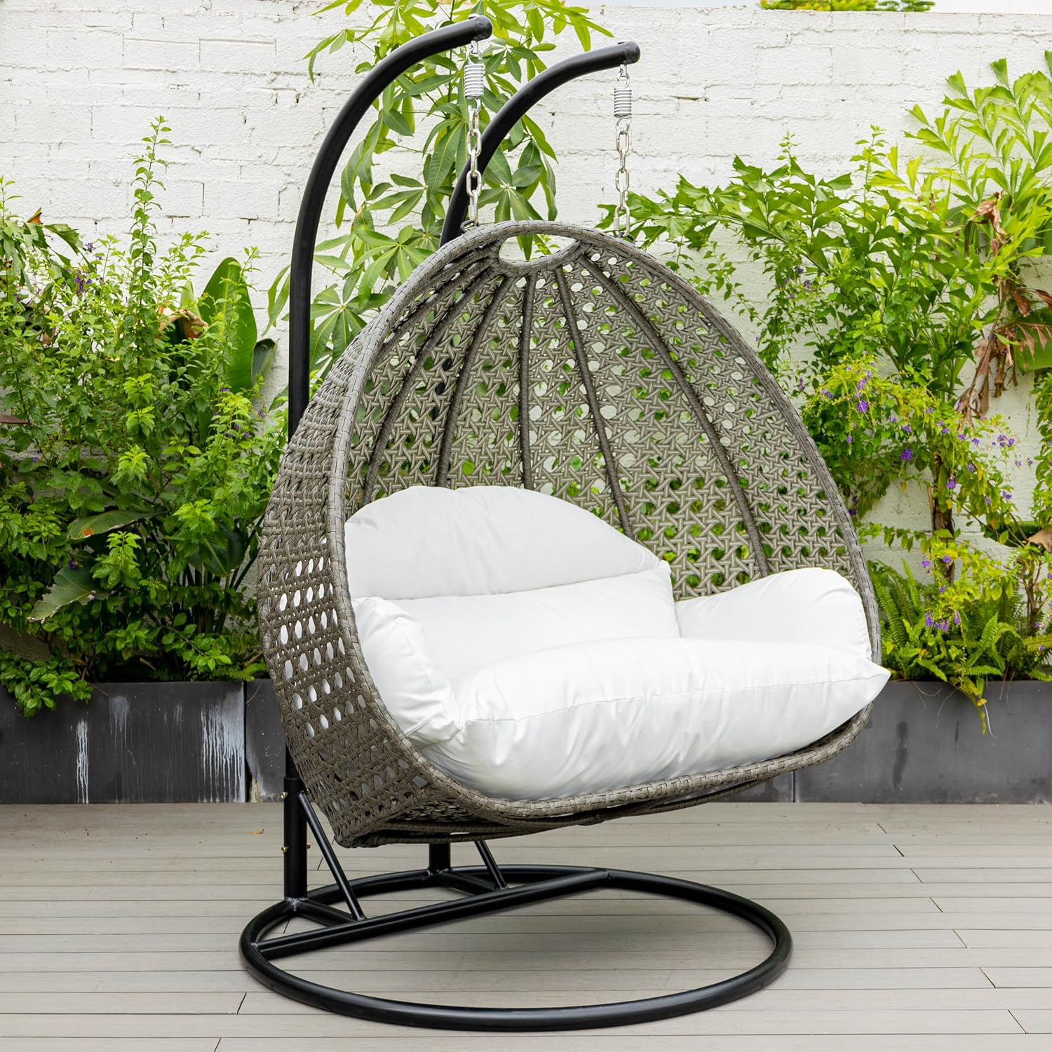 LeisureMod 2 Person Wicker Hanging Egg Chair, Indoor Outdoor Patio Swing with Black Stand & UV-Resistant Cushions, Lounge Chair for Bedroom & Garden, White