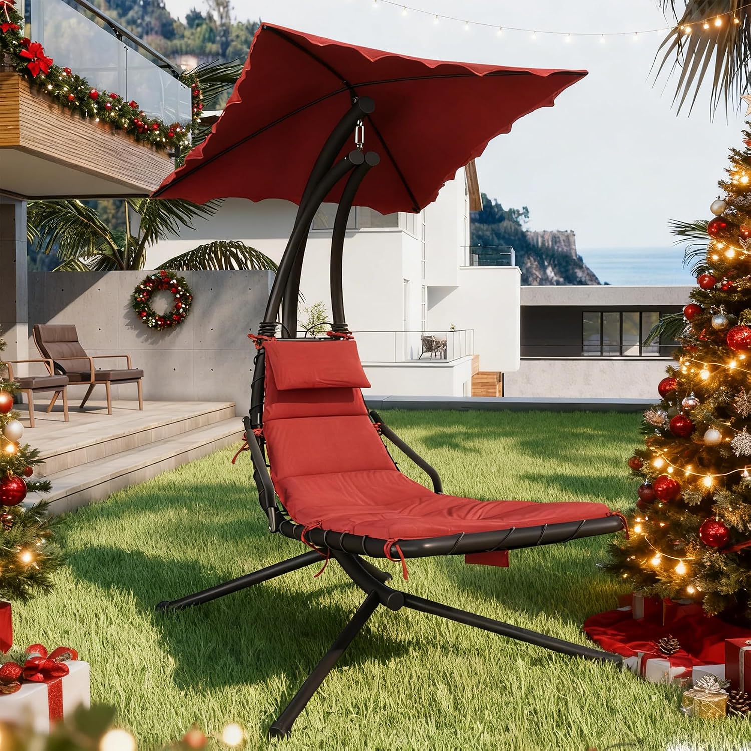 GarveeLife Chaise Lounger Swing Chair with Umbrella Canopy, Patio Hanging Chaise Lounger Chair with Stand, Curved Steel Outdoor Lounge Chairs for Indoor Patio Pool Garden Backyard Porch