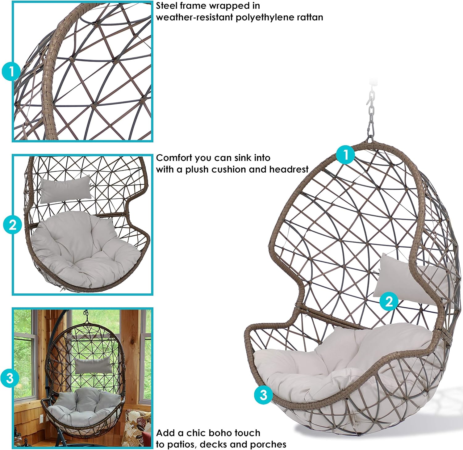 Sunnydaze Danielle Hanging Egg Chair - Resin Wicker Basket Design - Outdoor Use - Includes Gray Cushion