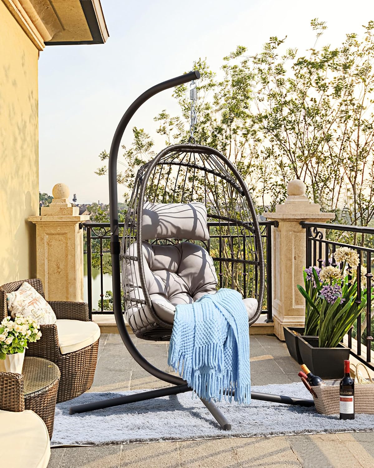 FREDEES Egg Swing Chair with Stand, Outdoor Hanging Egg Chair with Cushion for Patio/Porch/Balcony/Indoor (Light Gray)