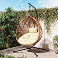 Polibi Hanging Egg Chair with Stand - PE Rattan Indoor Outdoor Swing Chair Heavy Duty 330lbs - Breathable Hollowed Design & Adjustable Headrest - Patio Balcony Garden Lounger,Beige+Brown+Yellow