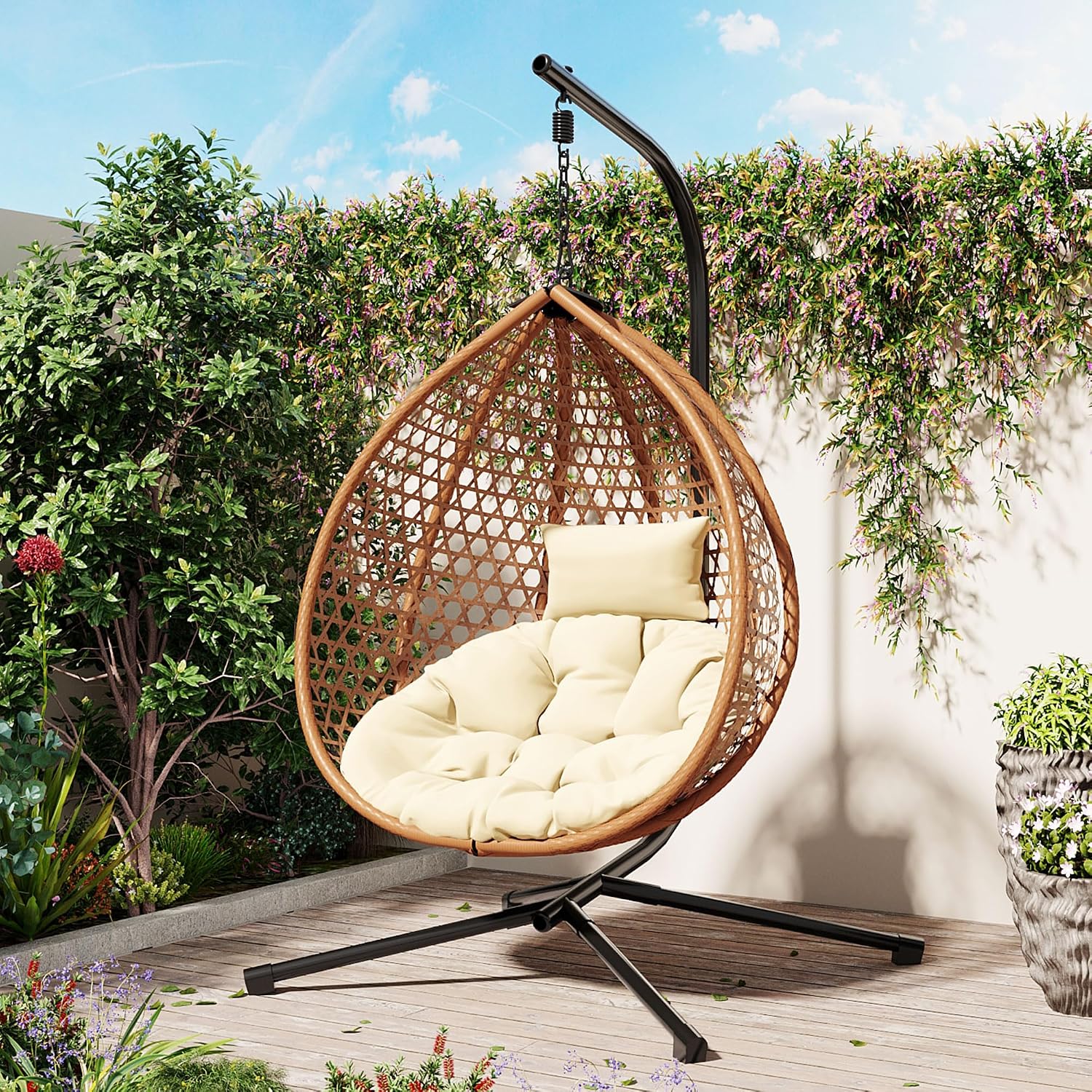 Polibi Hanging Egg Chair with Stand - PE Rattan Indoor Outdoor Swing Chair Heavy Duty 330lbs - Breathable Hollowed Design & Adjustable Headrest - Patio Balcony Garden Lounger,Beige+Brown+Yellow