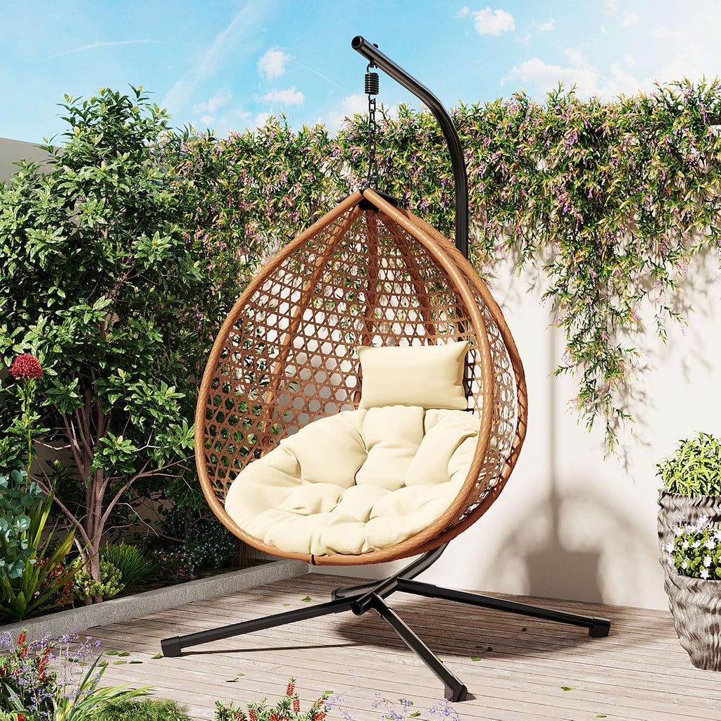 Egg Hanging Chair with Stand, Indoor Outdoor Hammock Egg Chair with Cushion for Patio Bedroom Balconyg Egg Chair (Beige,Brown+Yellow)