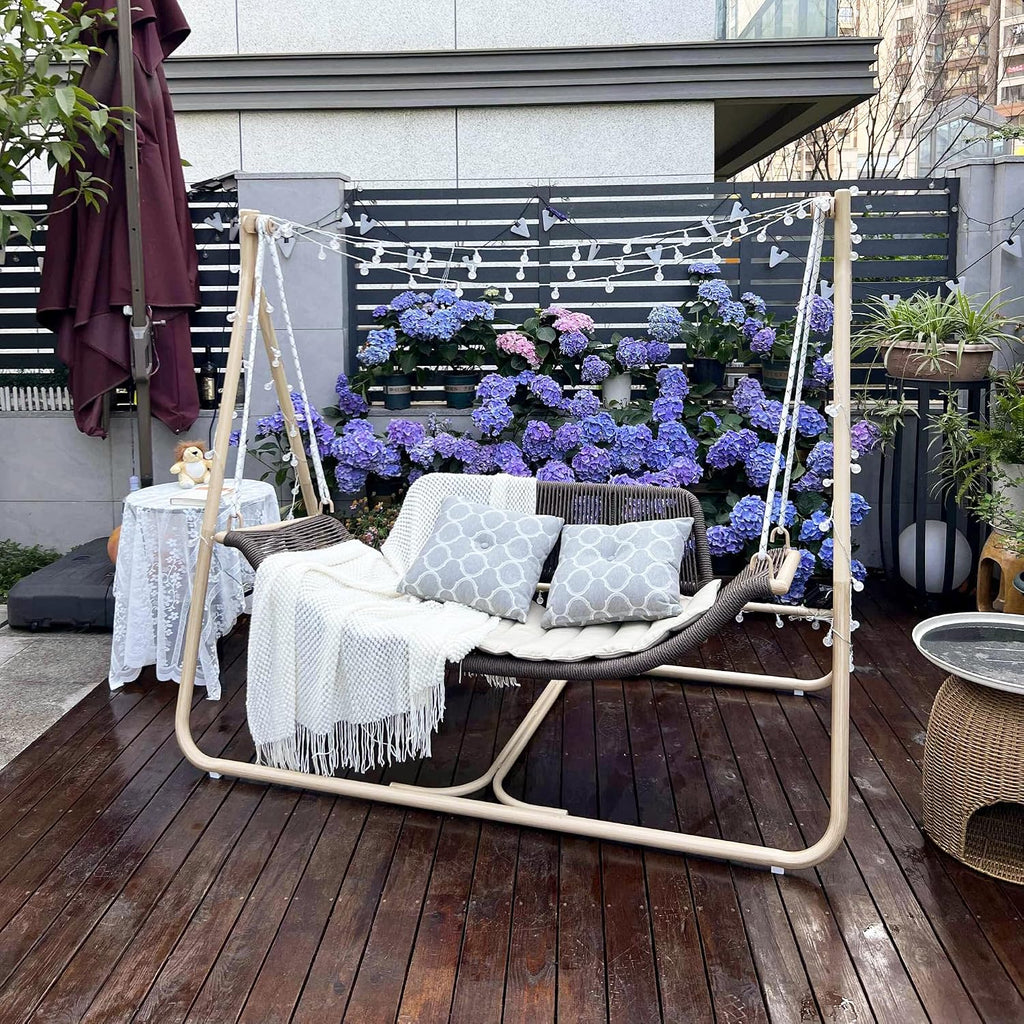 PURPLE LEAF 2 Seat Porch Swing Outdoor Hand-Woven Rattan Bench Glider Loveseat Hanging Cloud Swing Chair with Stand for Indoor Backyard Garden Patio Hammock Swinging, Cushion and Pillows Included