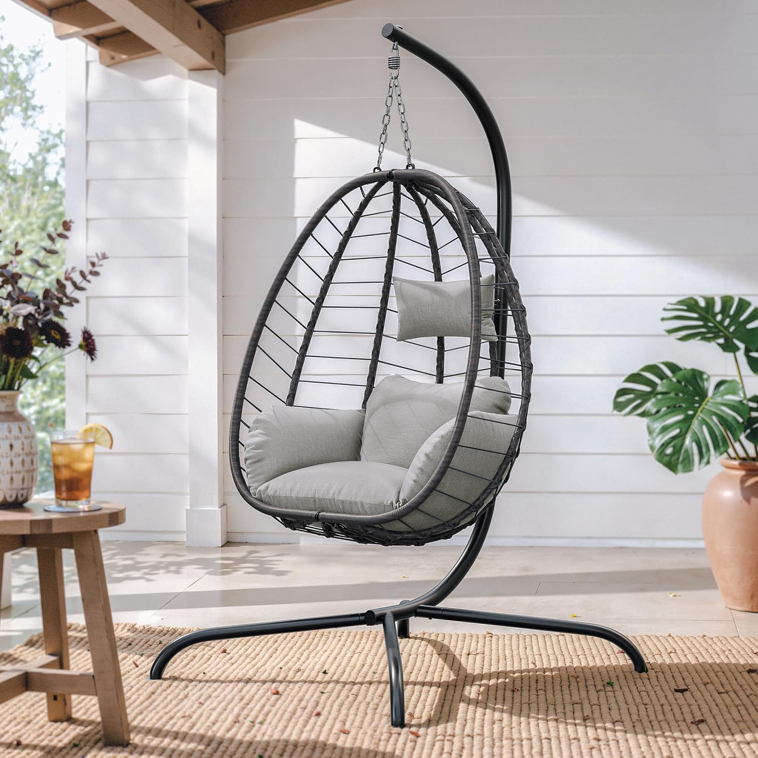 ALAULM Foldable Egg Chair with Stand, 485LBS Capacity Wicker Rattan Hammock Swing Chair for Outdoor & Indoor, Hanging Chair with Strong Frame & UV Resistant Cushion for Balcony, Bedroom, Cream