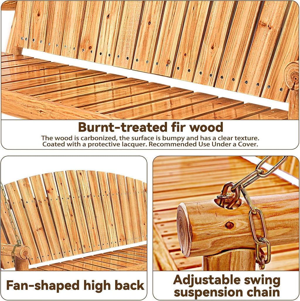 Outdoor Porch Swing Front Porch Hanging Wooden Bench Swing 3 Seat Chair for Garden, Patio, Backyard, Playground, Log Wood 800Lbs, 5 Ft, Lightly Toasted