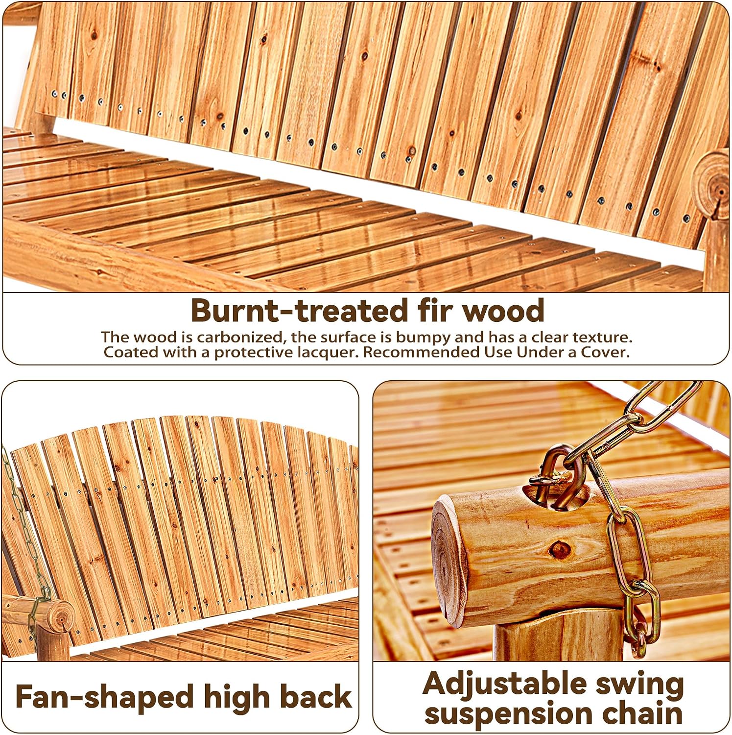Outdoor Porch Swing Front Porch Hanging Wooden Bench Swing 3 Seat Chair for Garden, Patio, Backyard, Playground, Log Wood 800Lbs, 5 Ft, Lightly Toasted