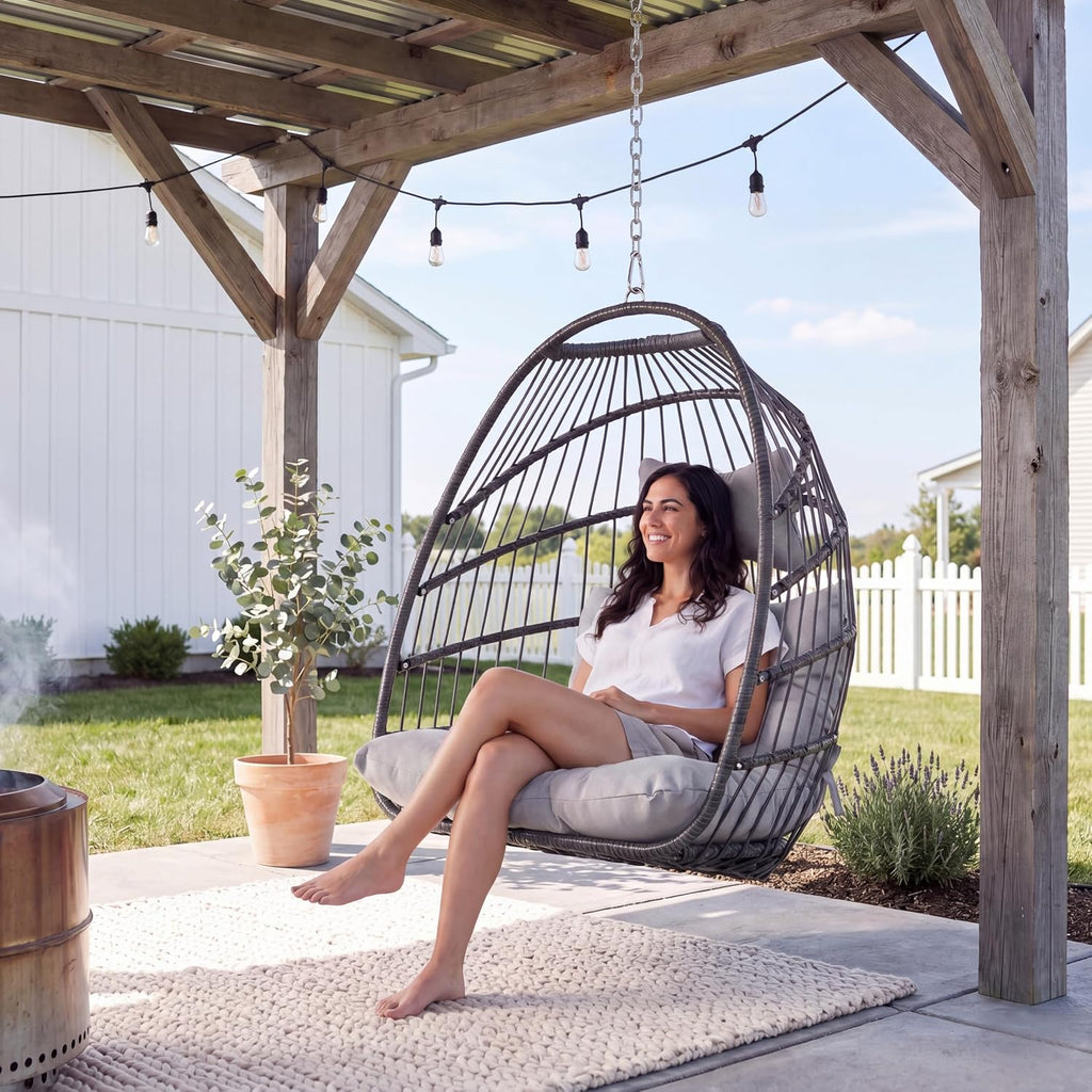 NICESOUL Comfy Egg Chair without Stand Indoor Outdoor, Patio Wicker Hanging Swing Egg Shell Chairs No Stand, 350lbs Capacity Sturdy Swing Hammock Basket Seating with Cushions for Bedroom Balcony, Gray