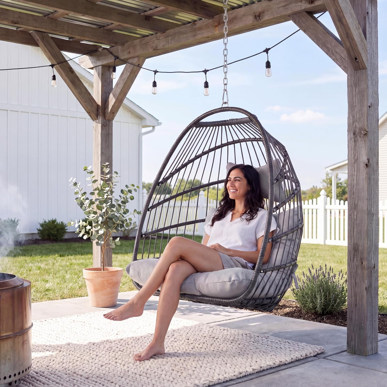 NICESOUL Comfy Egg Chair without Stand Indoor Outdoor, Patio Wicker Hanging Swing Egg Shell Chairs No Stand, 350lbs Capacity Sturdy Swing Hammock Basket Seating with Cushions for Bedroom Balcony, Gray
