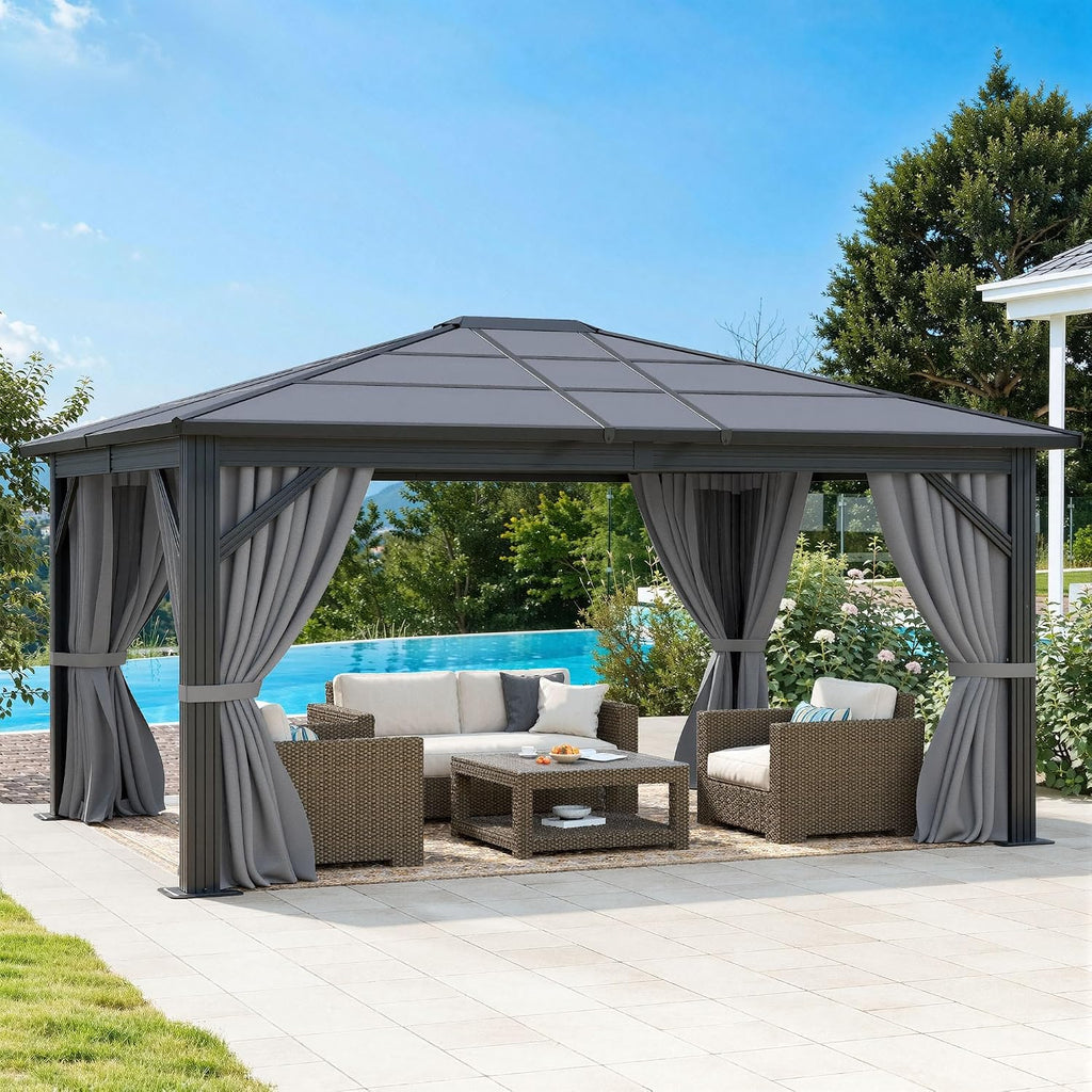 DWVO 10x12ft Gazebo Hardtop Single Roof Polycarbonate Canopy Outdoor with Netting and Shaded Curtains, Metal Frame Garden Tent for Patio, Backyard, Deck and Lawns, Gray
