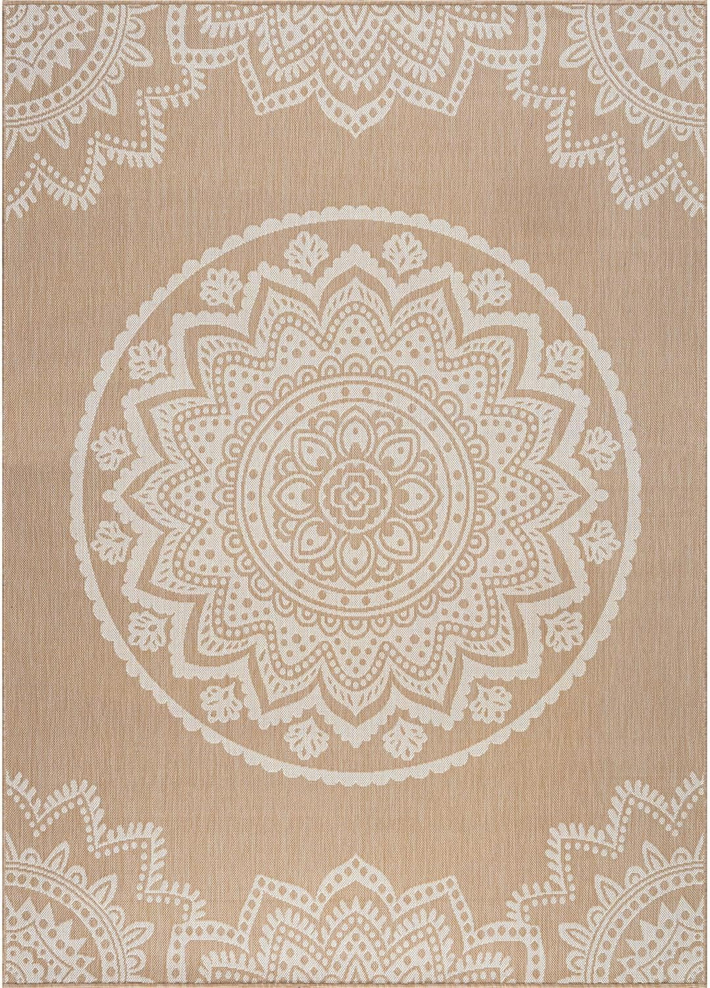 CAMILSON Outdoor Rug 9x12 Modern Area Rugs for Large Indoor and Outdoor Patios and Porches - Waterproof Washable Non-Shedding Easy-to-Clean Outside Carpet (9 x 12, Medallion - Beige/White)