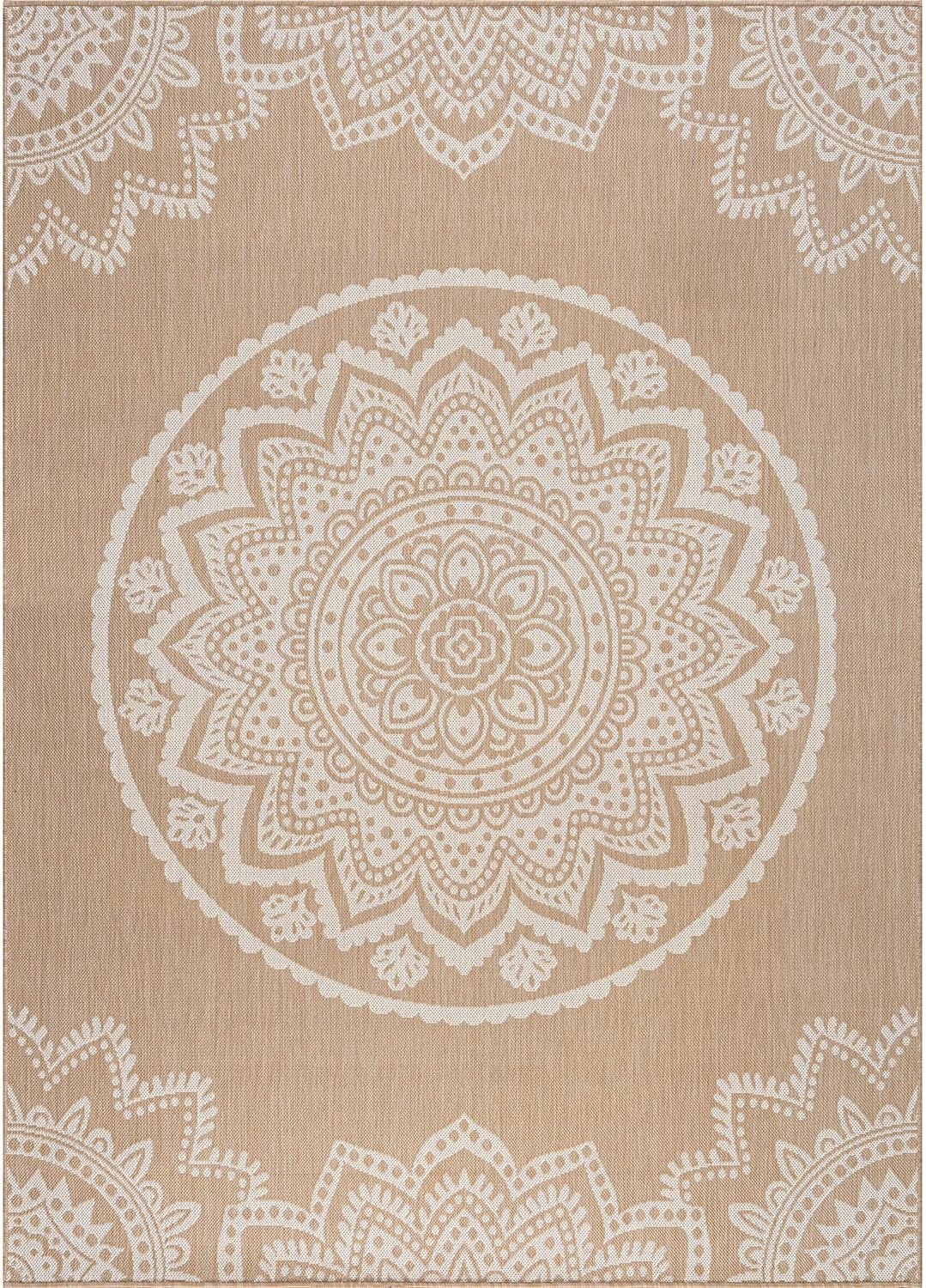 CAMILSON Outdoor Rug 9x12 Modern Area Rugs for Large Indoor and Outdoor Patios and Porches - Waterproof Washable Non-Shedding Easy-to-Clean Outside Carpet (9 x 12, Medallion - Beige/White)