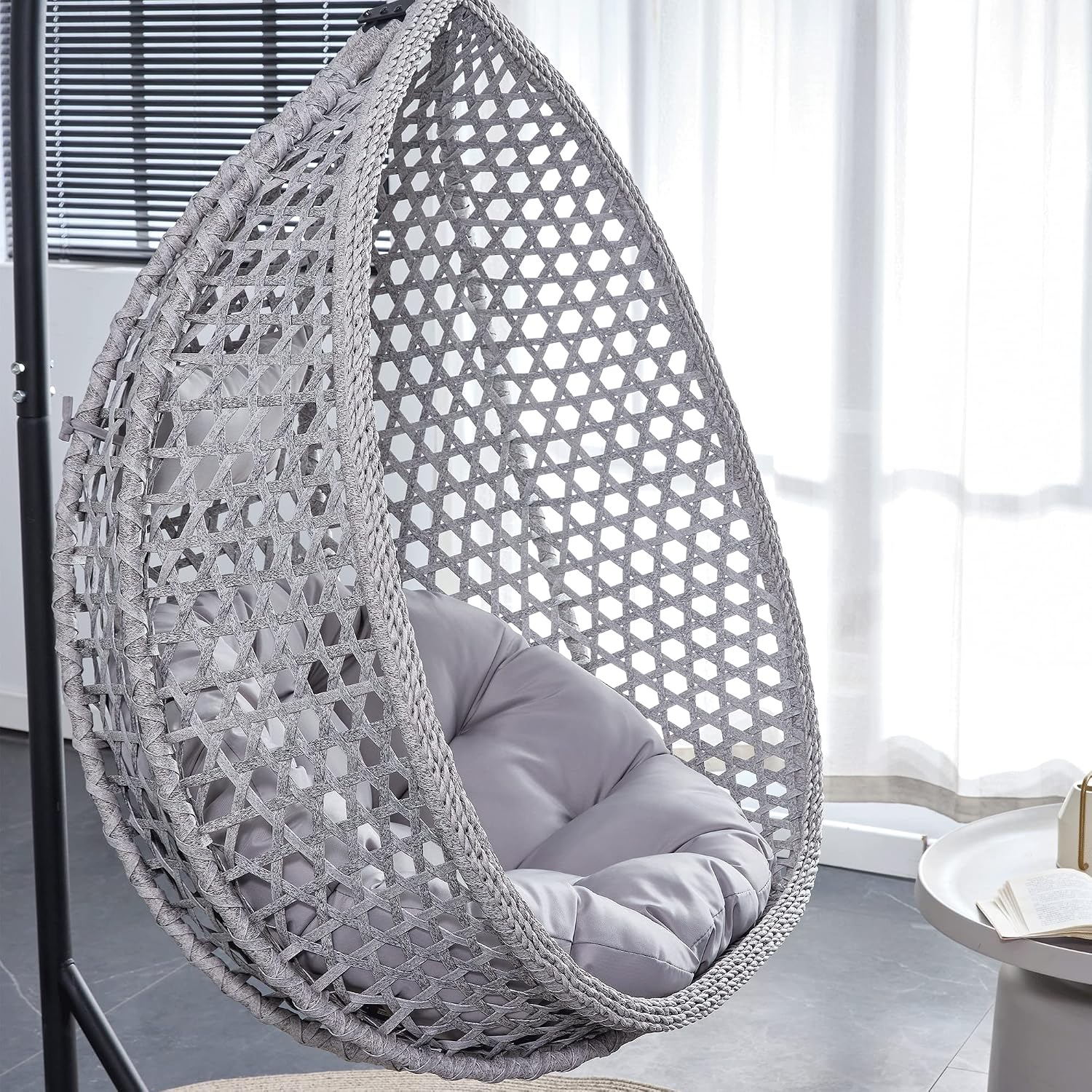 Hanging Egg Swing Chair with Stand, Rattan Wicker Hanging Egg Chair Hammock Indoor with Cushions, Swinging Chair for Bedroom Outdoor Patio Balcony Backyard Sunroom Heavy Duty 350LBS (Gray)