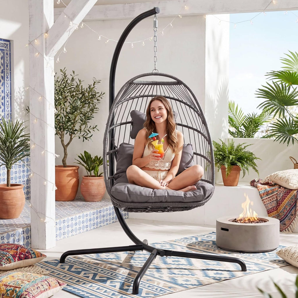NICESOUL Swing Egg Chair with Stand Indoor Outdoor, Comfortable All Weather Wicker Patio Hanging Egg Shaped Chair with Cushions, 350lbs Capacity Hammock Chairs for Porch Balcony Bedroom, Dark Gray
