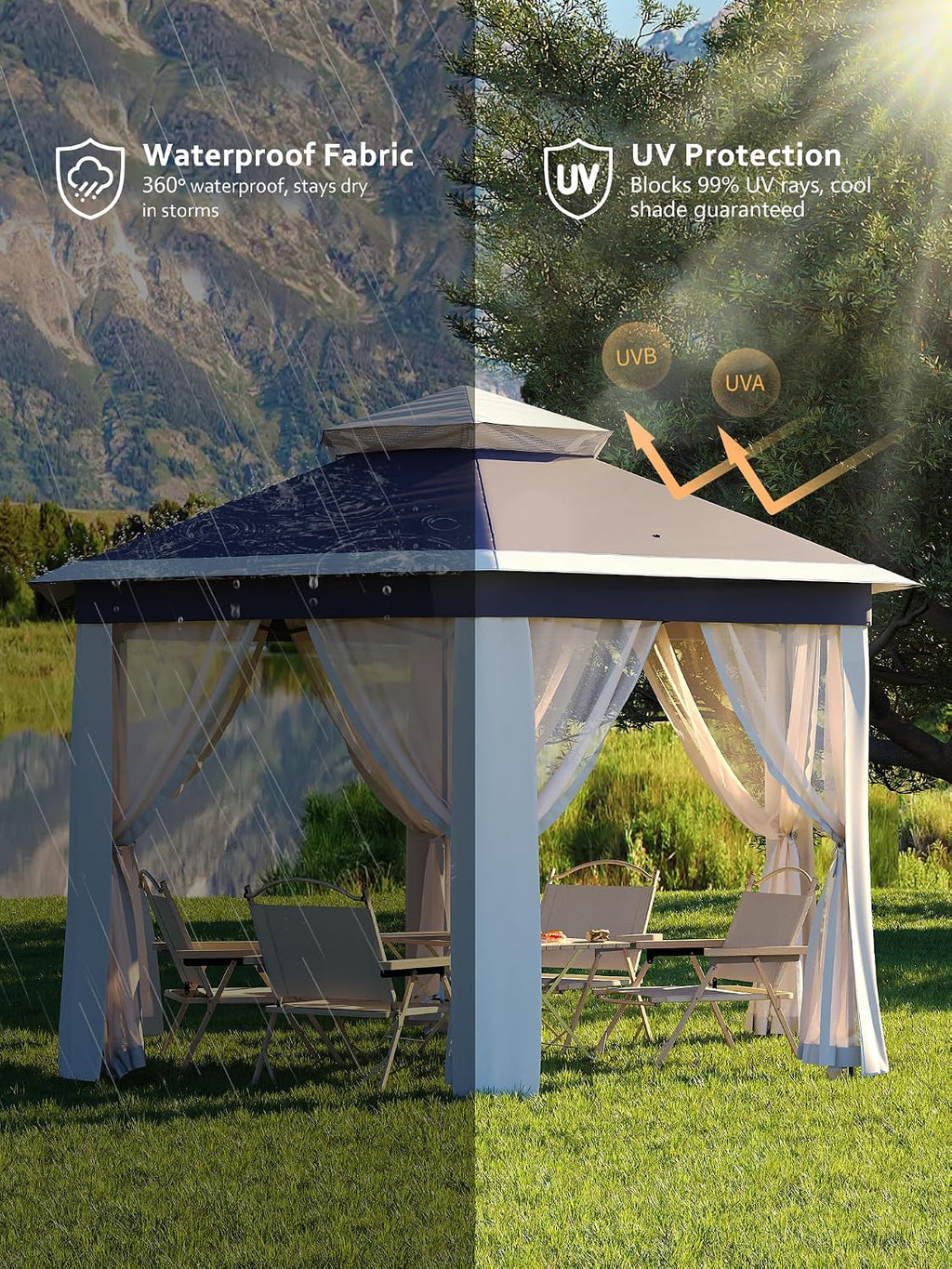 GarveeLife Pop Up Gazebo 13x13ft, Outside Canopy Tent with 6 Pcs Mosquito Netting, One Push Setup for Backyard Patio Garden Activities - Blue & Beige