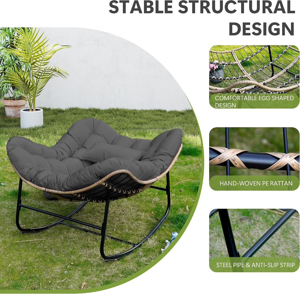 Patio Rocking Chair, Oversized Papasan Rocking Chair with Cushion and Frame for Indoor& Outdoor, Deep Seat Egg-Shaped Rocker Chair for Garden, Deck, Living Room, Grey
