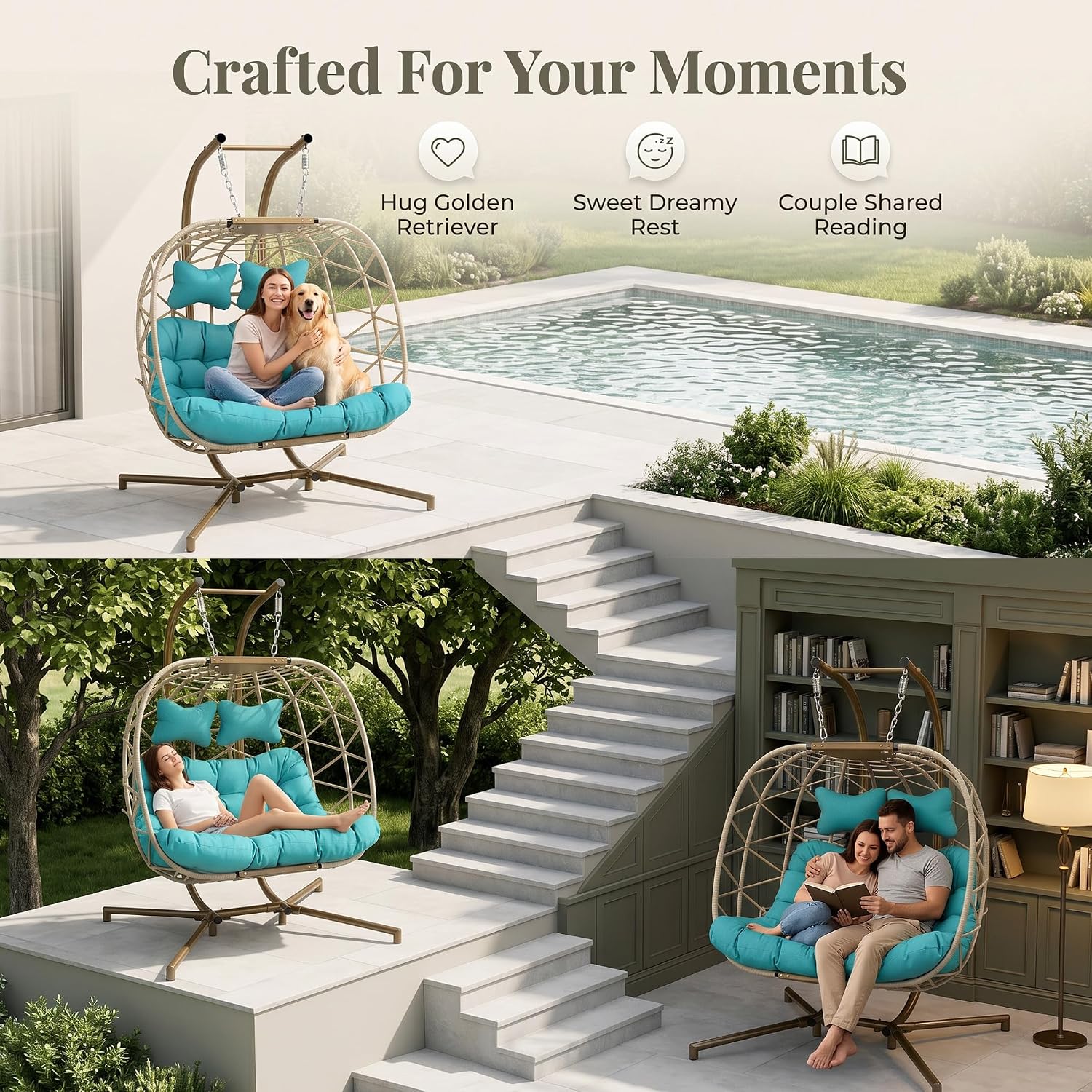 RADIATA 2 Person Egg Chair Swing with Stand Outdoor, Extra Large Double Hanging Egg Chair, Oversized Sturdy Wicker Patio Chairs with Cushion Loveseat for Indoor Backyard Balcony Bedroom Porch, Teal