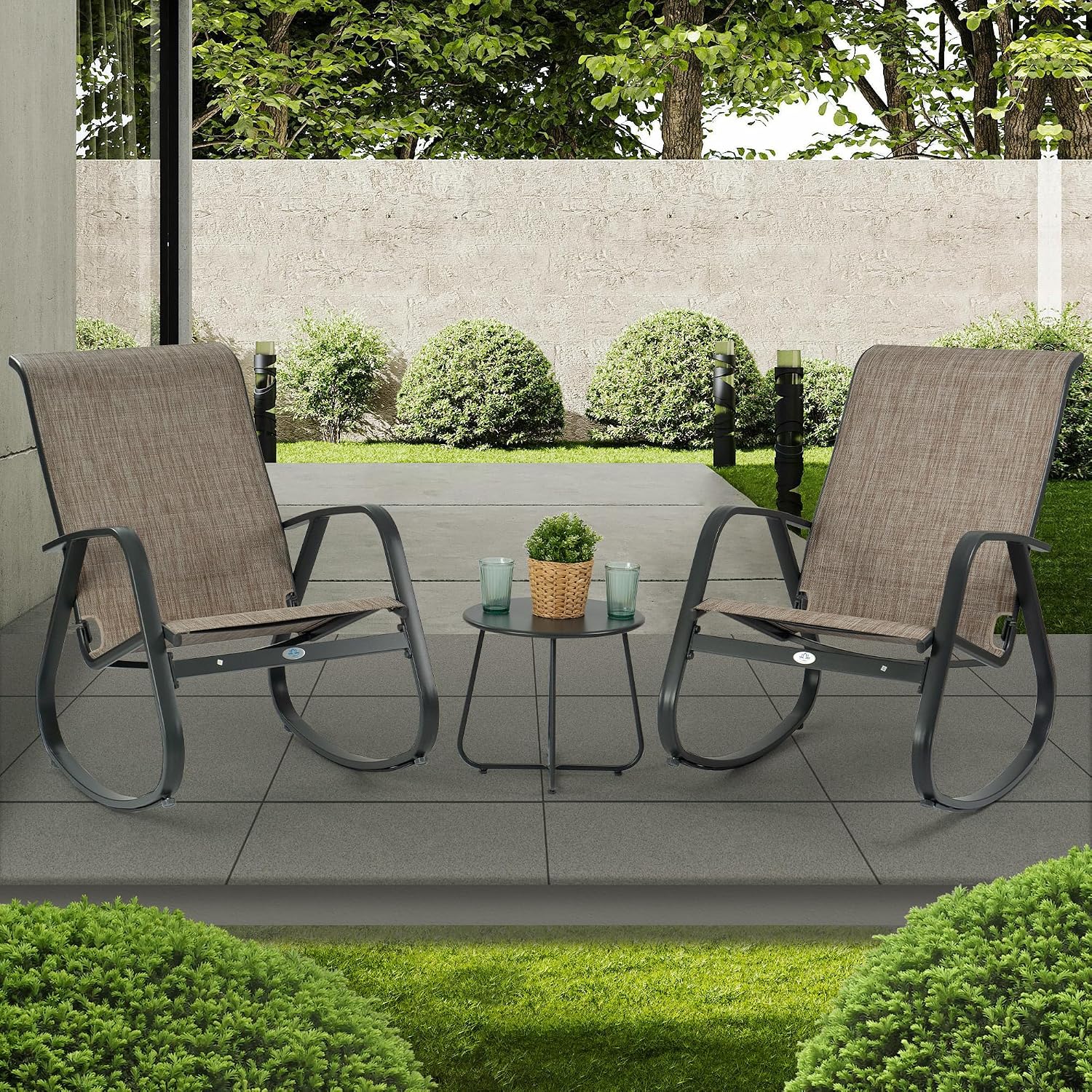 Kozyard 3-Piece Outdoor Rocking Chair Set, Patio Bistro Set 2 Sling Rockers with Side Table, Powder-Coated Aluminum Frame, Breathable Textilene Fabric for Porch, Garden, Balcony Beige