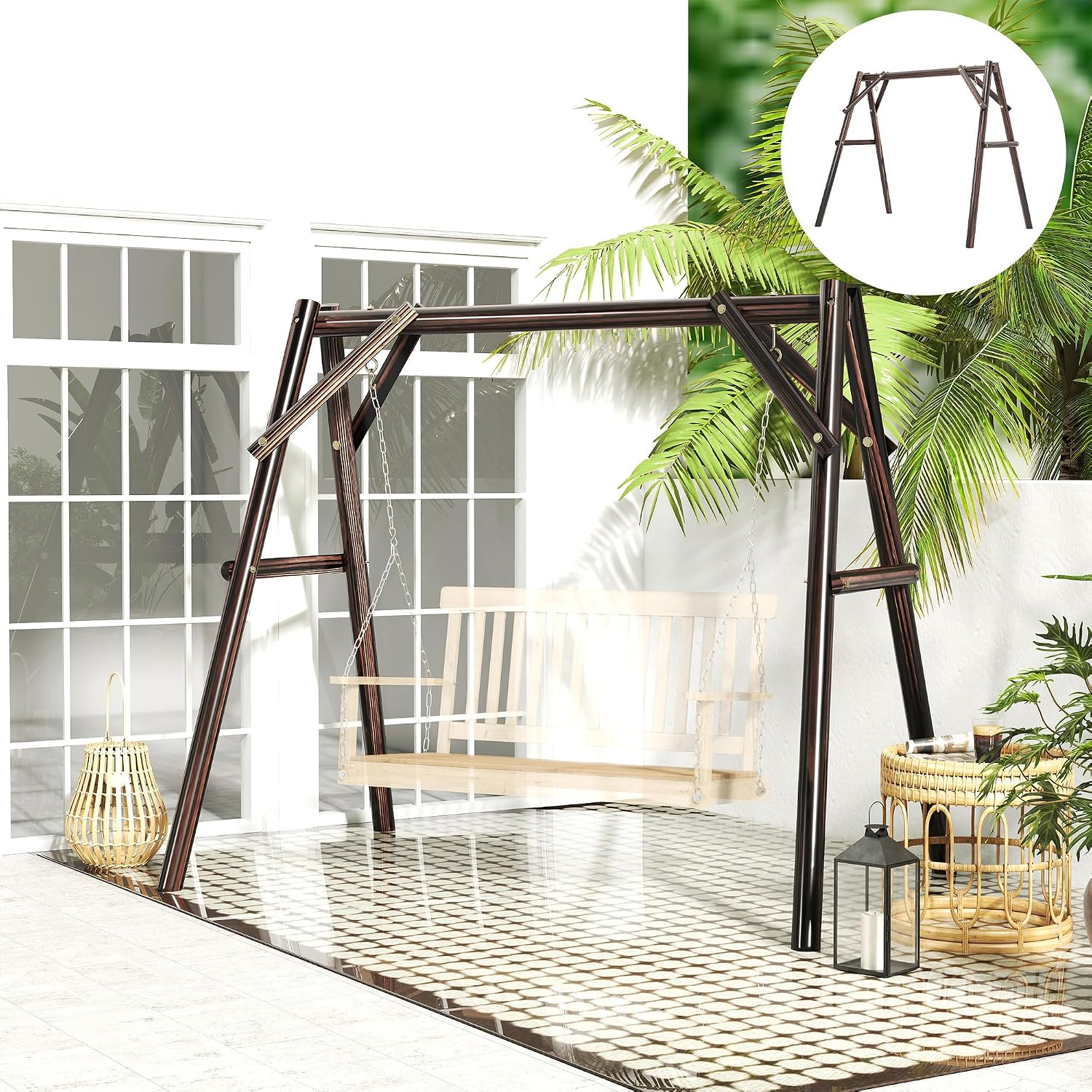Outsunny 660 lbs Porch Swing Frame, Heavy Duty A-Frame Wooden Swing Stand for DIY Painting, Freestanding Hanging Chair Stand Only for Porch, Lawn, Garden, Backyard, Carbonized