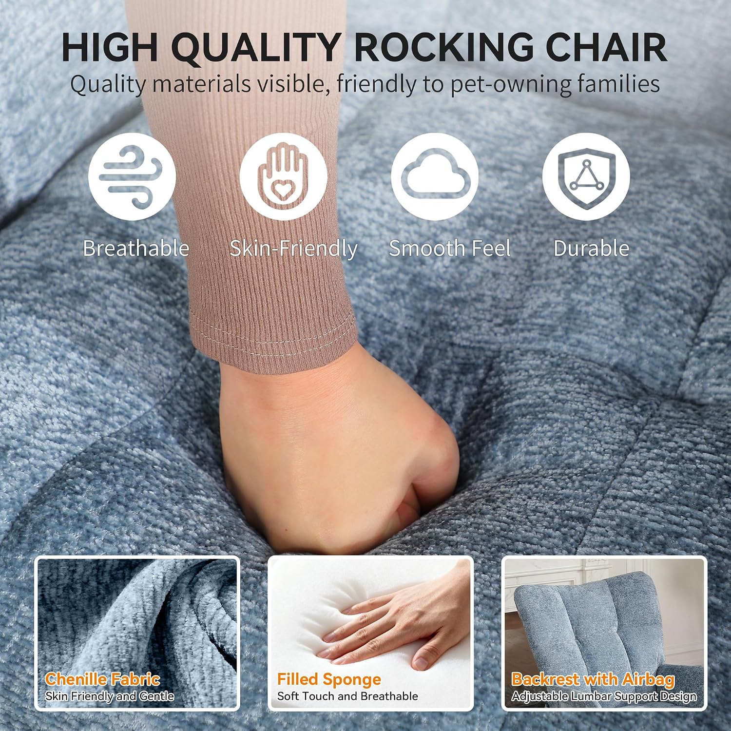 Rocking Chair with Airbag, Comfy Modern Reading & Nursing Nursery Rocking Chair Indoor, Cozy Upholstered Glider Rocker Chairs for Living Room Bedroom Offices, (Chenille, Blue)