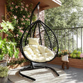 Qwork Hanging Egg Chair with Stand, Modern Foldable Wicker Swing Chair, Deep Seat Hammock with Creamy Beige Cushion, 330lbs Heavy Duty for Living Room, Bedroom, Patio (Black Frame + Beige Cushion)