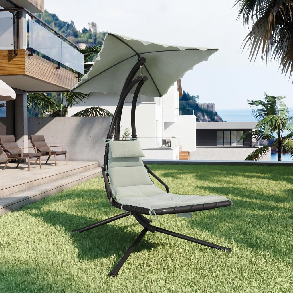 Chaise Lounger Swing Chair with Umbrella Canopy, Patio Hanging Chaise Lounger Chair with Stand, Curved Steel Outdoor Lounge Chairs for Indoor Patio Pool Garden Backyard Porch