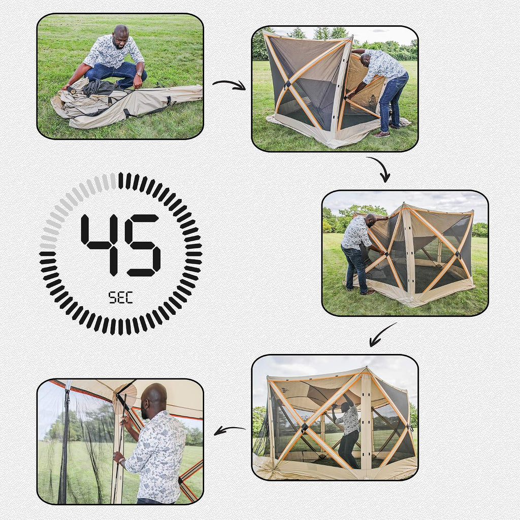 Hike Crew 6-Panel Pop-Up Screen House Gazebo 140x140 Inch – Instant Setup 6-Sided Hub Tent UV Resistant (SPF 50+) Fits 9 People Heavy Duty 210D Material – Includes Carry Bag & Ground Stakes