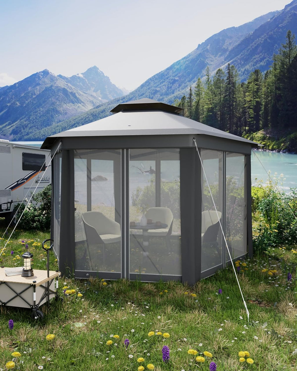Hipicute 13 x 13 Ft Pop Up Hexagonal Gazebo, Outdoor Canopy Shelter, Pop up Gazebos Tent with Netting and Strong Steel Frame for Patio Lawn Backyard and Deck - Gray