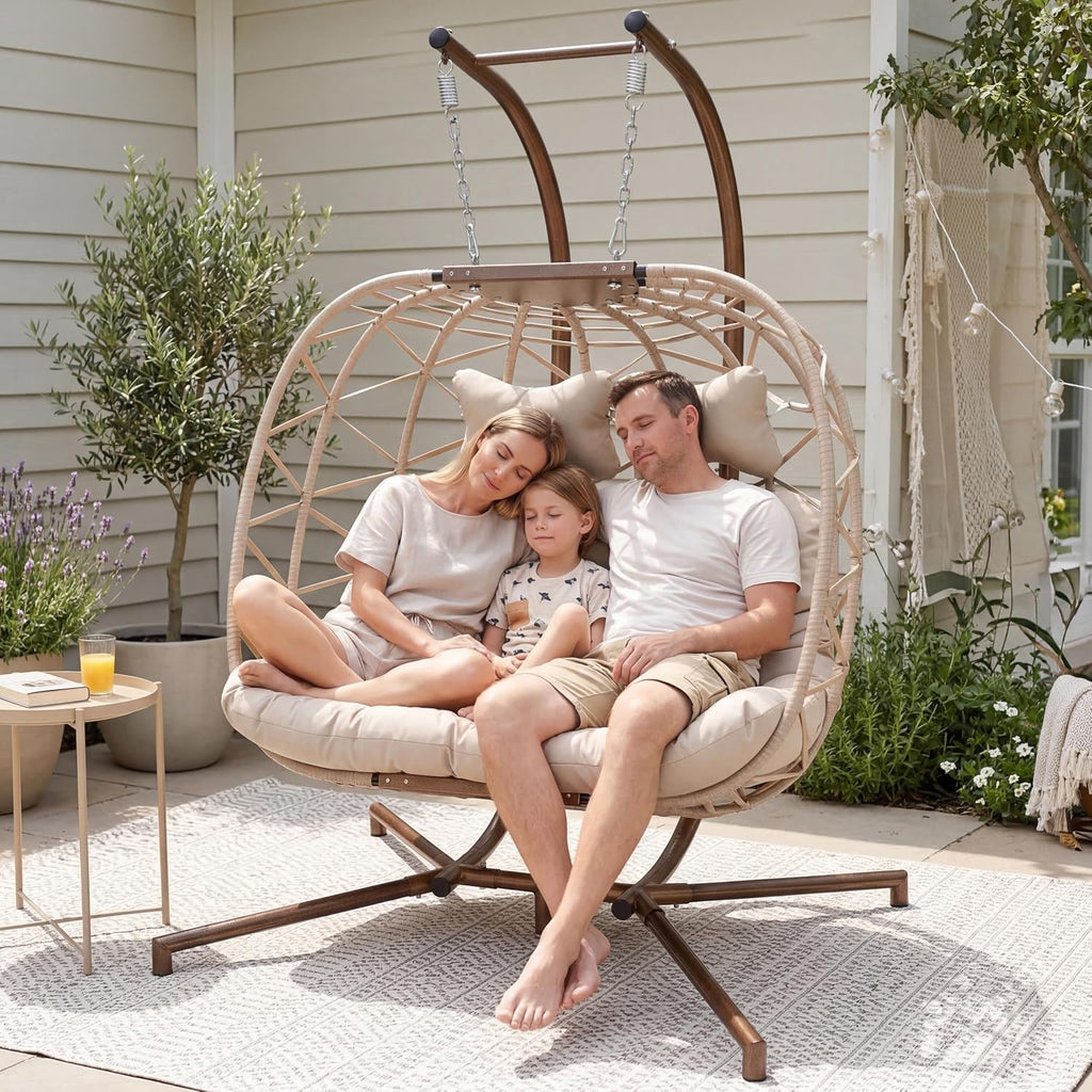 RADIATA Double Swing Egg Chair with Stand and Cover, Extra Large Hanging Patio Chairs with Padded Cushion, 2 Person Outdoor Boho Wicker Egg Swing Chair Loveseat for Bedroom Backyard Balcony, Beige