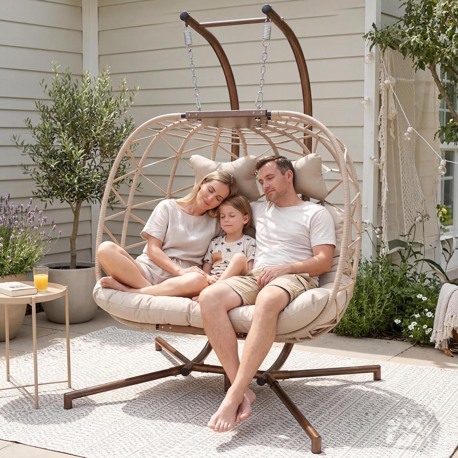 RADIATA Double Swing Egg Chair with Stand and Cover, Extra Large Hanging Patio Chairs with Padded Cushion, 2 Person Outdoor Boho Wicker Egg Swing Chair Loveseat for Bedroom Backyard Balcony, Beige