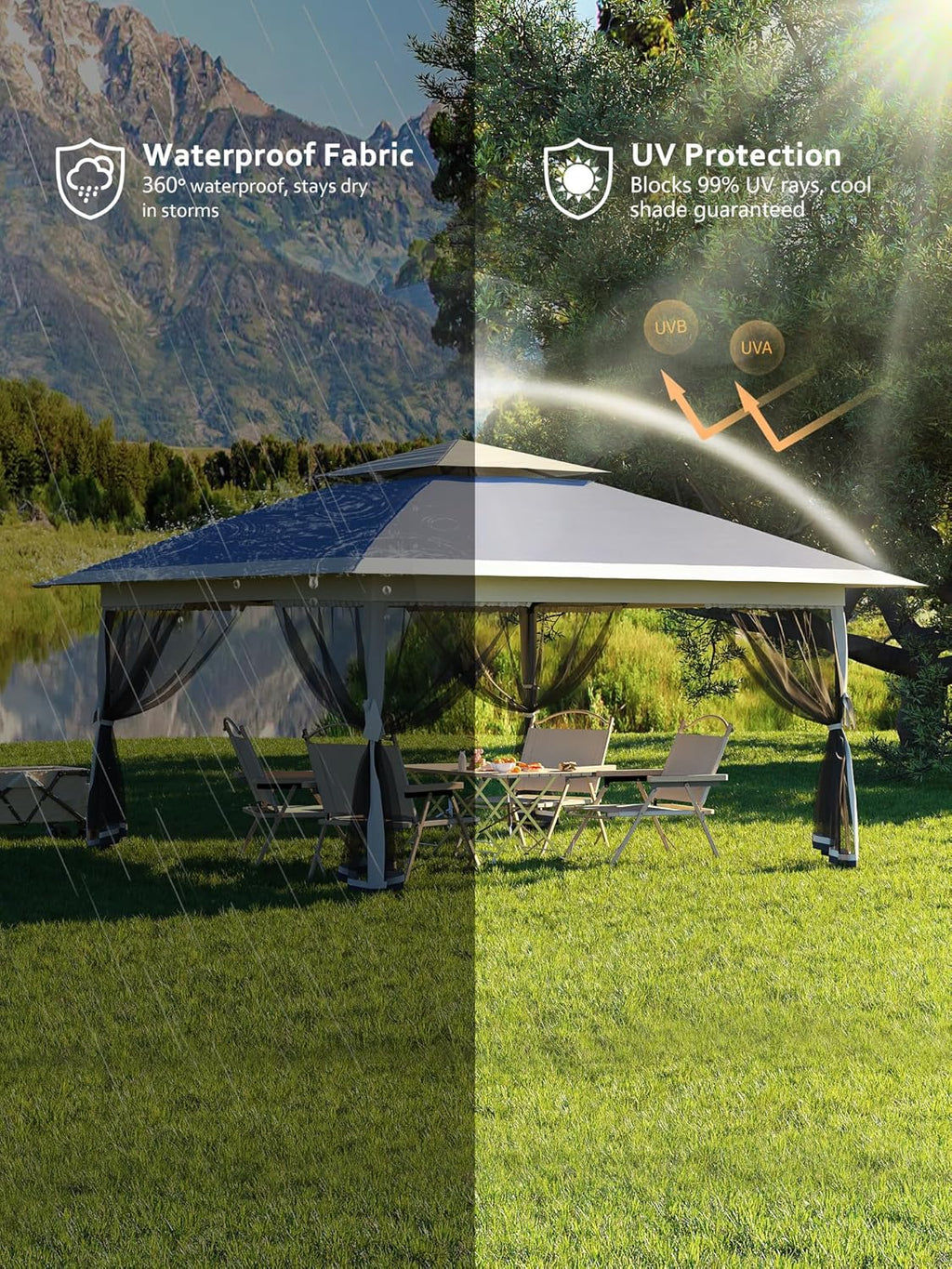 Hipicute 13 X 13FT Pop Up Gazebo, Canopy Tent, Gazebos on Clearance,Patio Folding Canopy with Mosquito Netting - Backyard Tent for Party, Wedding, Outdoor Dining, Patio, Backyard(Navy Blue+Hemp Grey)