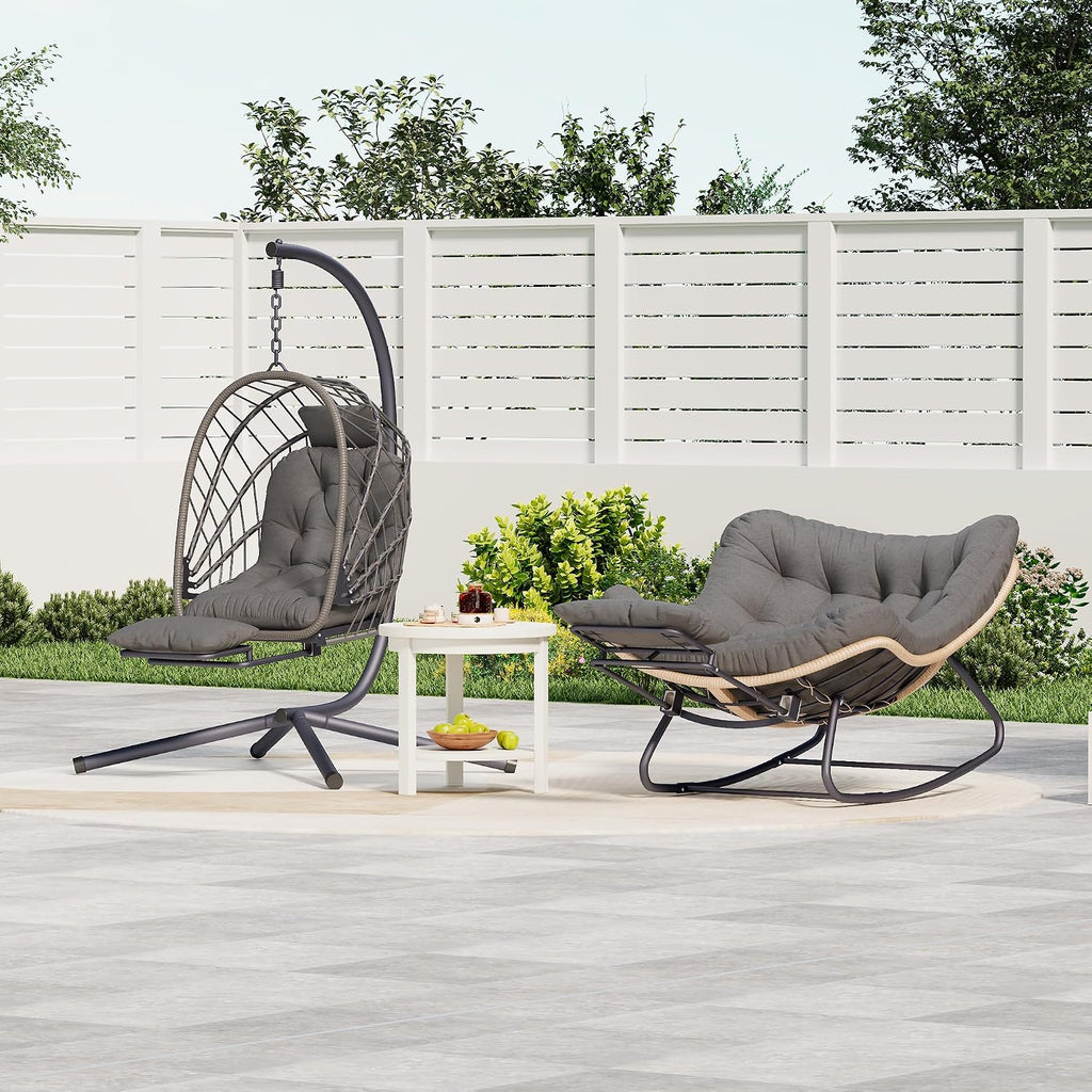 Outdoor Swing Egg Chair with Stand and Footrest, Comfy Patio Hammock Hanging Rocking Egg Chair with Cushion for Bedroom Indoor, Dark Gray