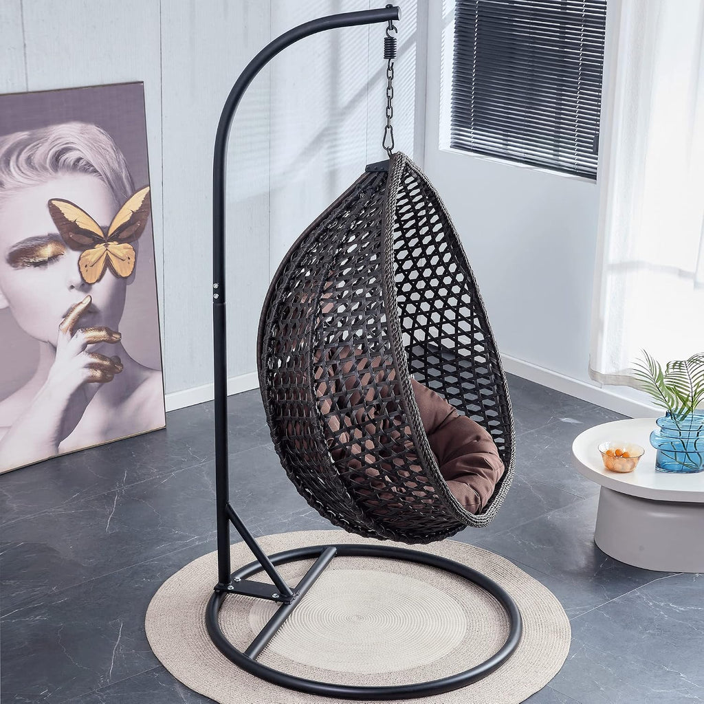 Hanging Egg Swing Chair with Stand, Rattan Wicker Hanging Egg Chair Hammock Indoor with Cushions, Swinging Chair for Bedroom Outdoor Patio Balcony Backyard Sunroom Heavy Duty 350LBS (Black)
