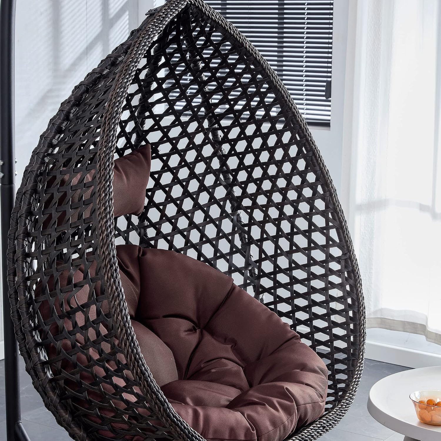 Hanging Egg Swing Chair with Stand, Rattan Wicker Hanging Egg Chair Hammock Indoor with Cushions, Swinging Chair for Bedroom Outdoor Patio Balcony Backyard Sunroom Heavy Duty 350LBS (Black)