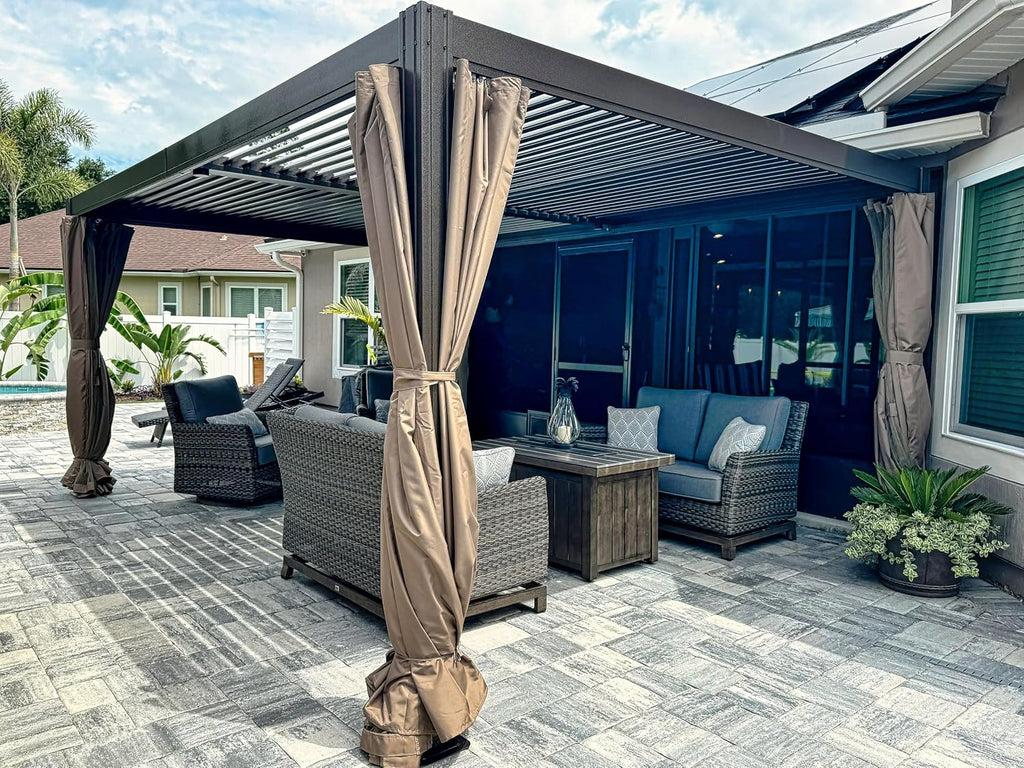 Domi 10x13FT Louvered Pergola Aluminum Structure Outdoor Pergola with Adjustable Roof Patio Pergola for Backyard Garden, Curtains and Netting, Dark Brown