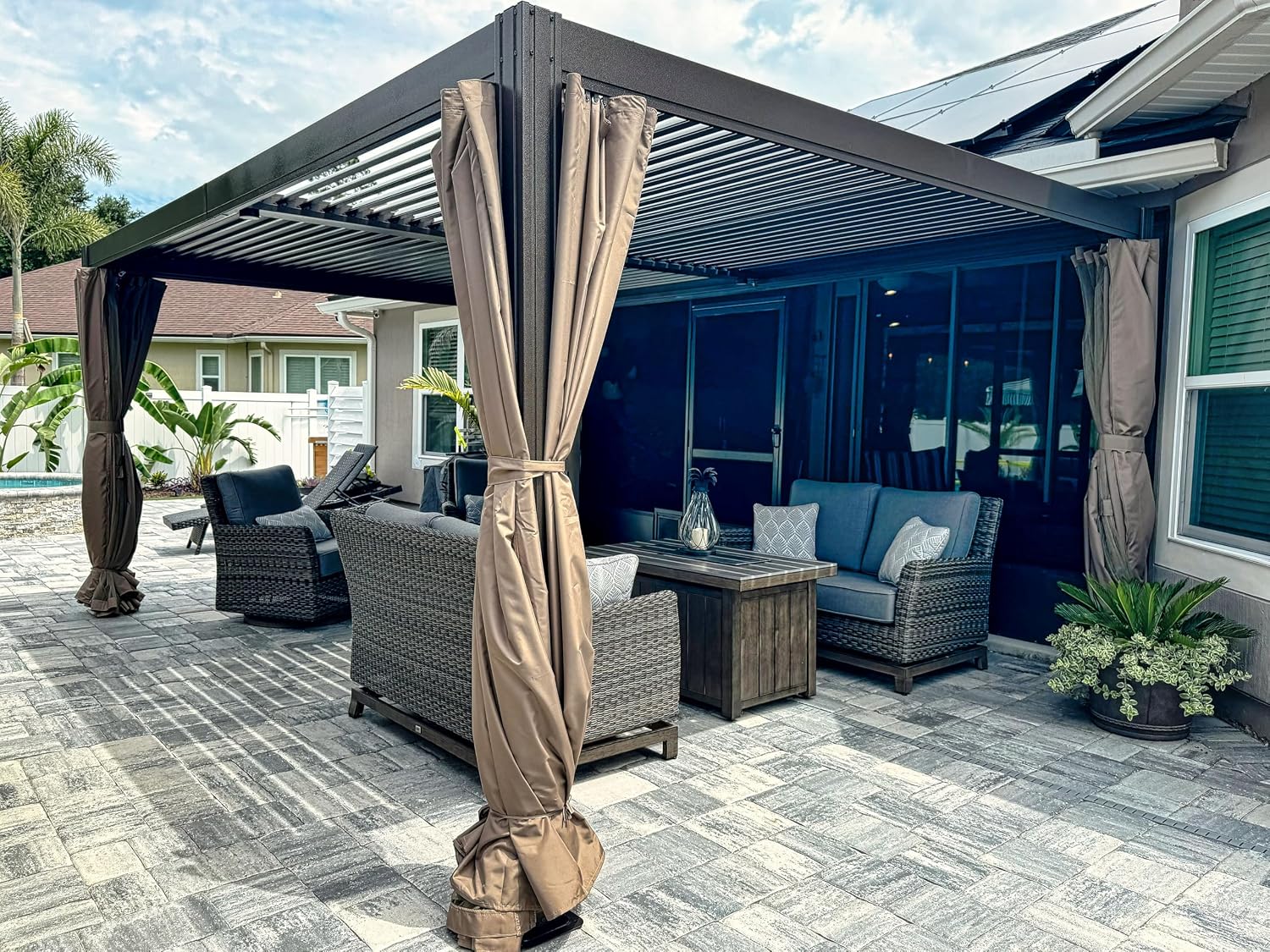 Domi 10x13FT Louvered Pergola Aluminum Structure Outdoor Pergola with Adjustable Roof Patio Pergola for Backyard Garden, Curtains and Netting, Dark Brown