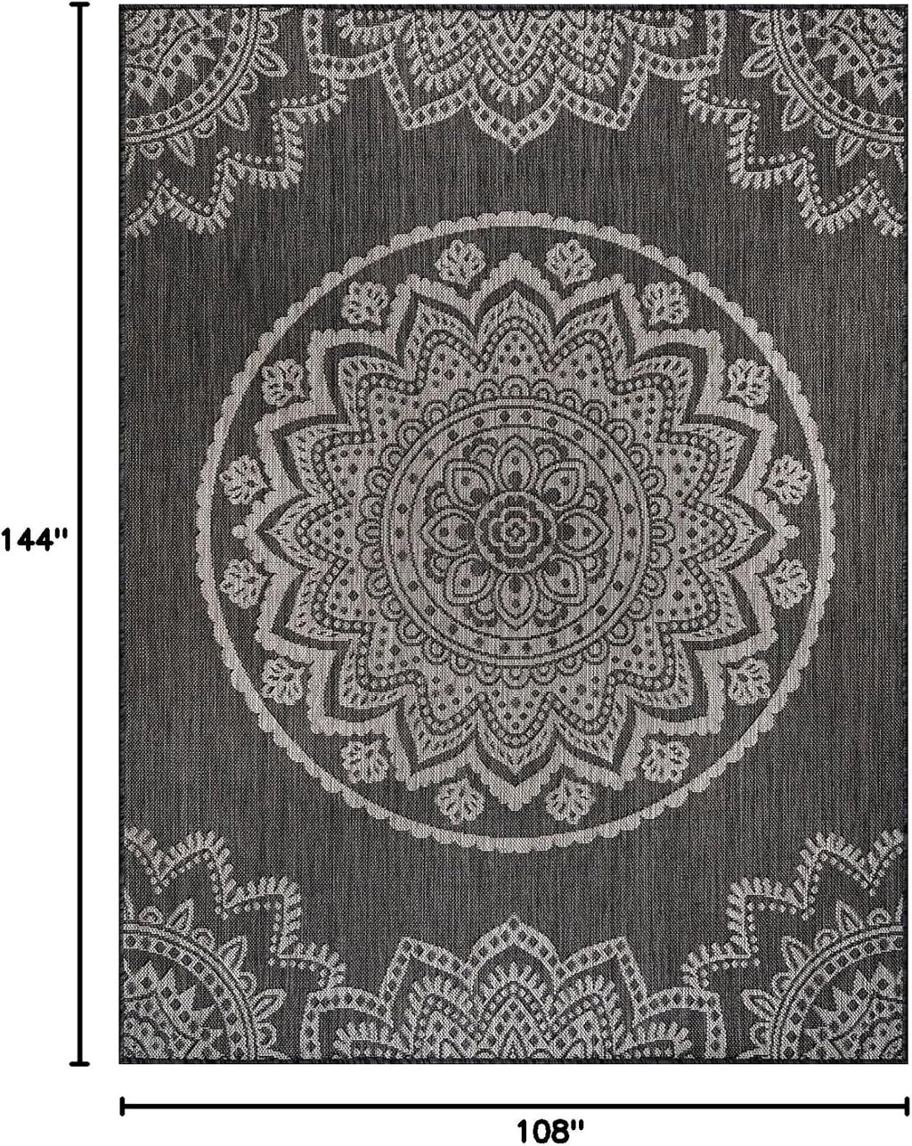 CAMILSON Outdoor Rug 9x12 Modern Area Rugs for Large Indoor and Outdoor Patios and Porches - Washable, Non-Shedding, Easy-to-Clean Outside Carpet (9 x 12, Medallion - Dark Grey/Light Grey)