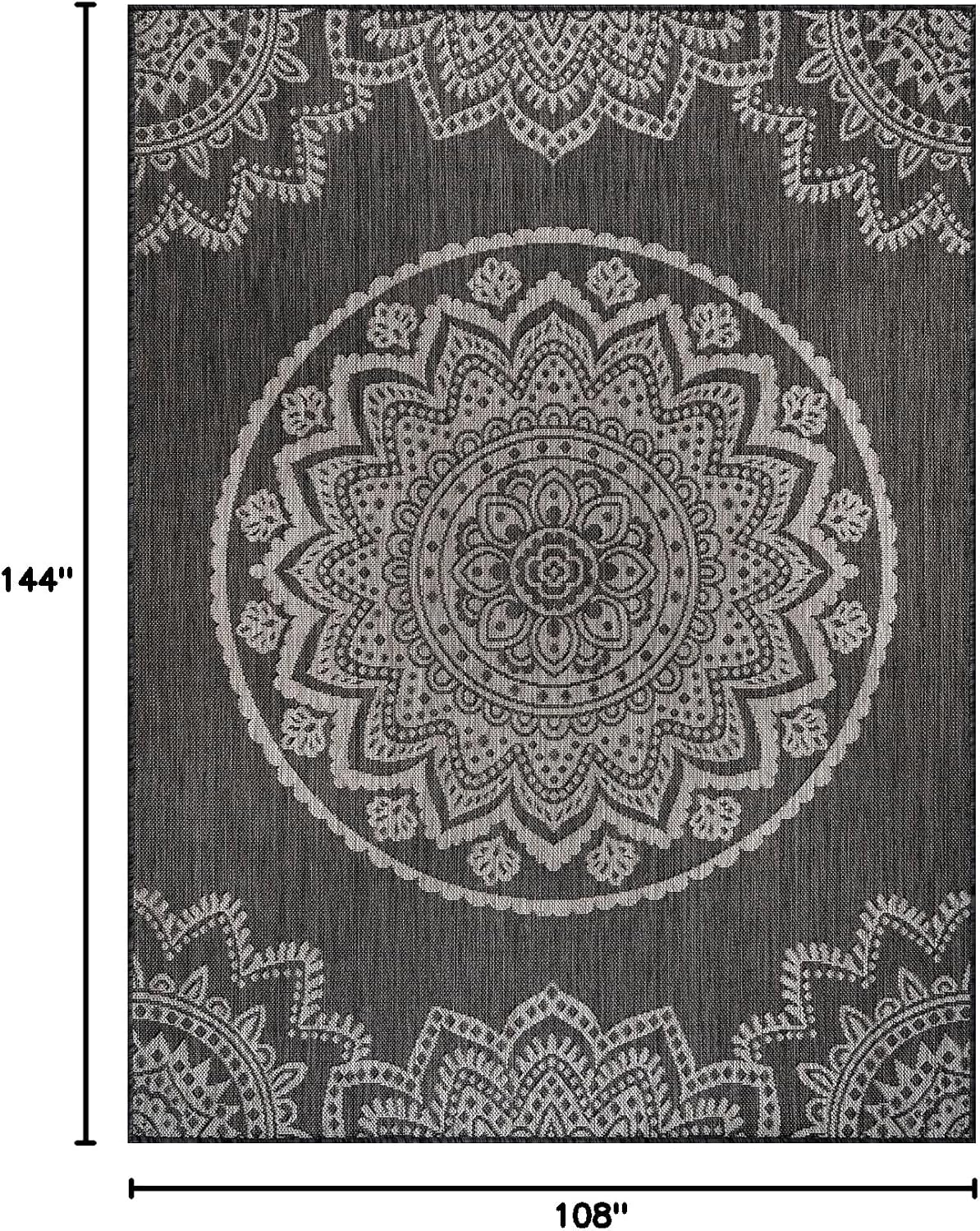 CAMILSON Outdoor Rug 9x12 Modern Area Rugs for Large Indoor and Outdoor Patios and Porches - Washable, Non-Shedding, Easy-to-Clean Outside Carpet (9 x 12, Medallion - Dark Grey/Light Grey)