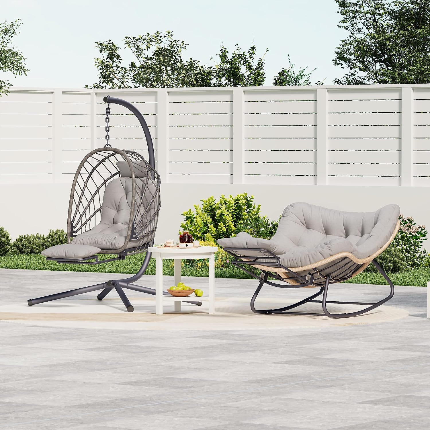 Outdoor Egg Swing Chair with Stand and Footrest, Comfy Patio Hammock Hanging Rocking Egg Chair with Cushion for Bedroom Indoor, Dark Gray (Light Grey)