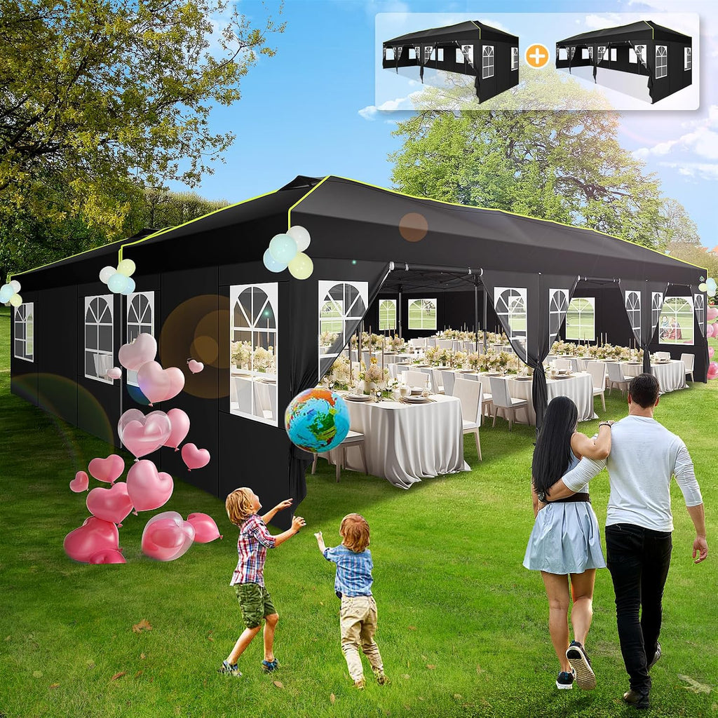 COBIZI 10x30 Pop Up Canopy Tent, Wedding Party Tent with 8 Sidewall One Push Setup Glow, 3 Adjustable Height Air Vent Waterproof UPF50+, Wheeled Bag, Sandbag, Stake, Rope for Commercial, Outdoor