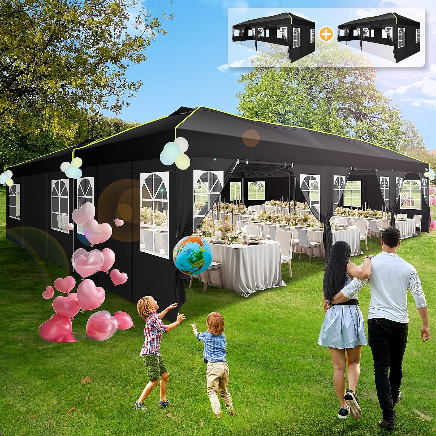 COBIZI 10x30 Pop Up Canopy Tent, Wedding Party Tent with 8 Sidewall One Push Setup Glow, 3 Adjustable Height Air Vent Waterproof UPF50+, Wheeled Bag, Sandbag, Stake, Rope for Commercial, Outdoor