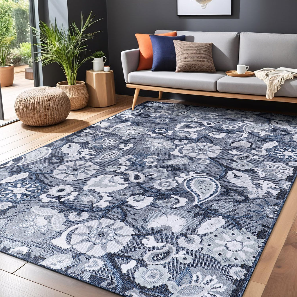 Luul Home Floral Indoor Outdoor Rugs 9x12 Large Area Rug for Living Room, Patio Decor, Kitchen, and Entryway Rug, Washable Stain Resistant Outside Carpet Navy 9 x 12