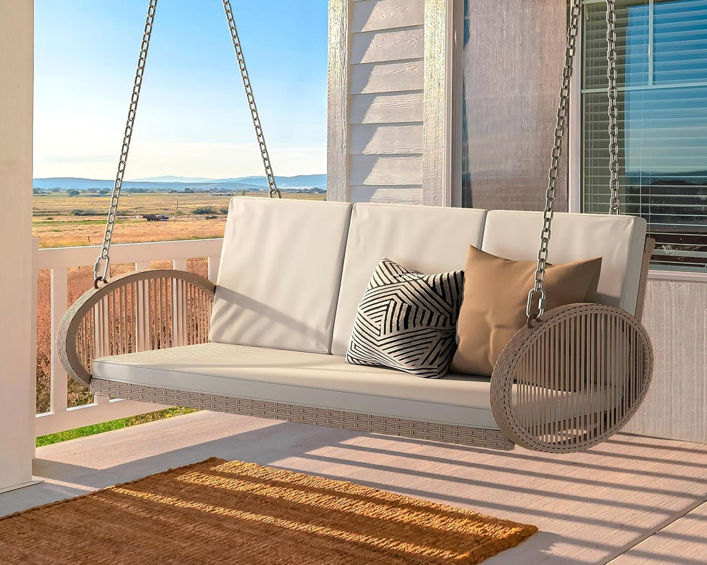 YITAHOME Outdoor Porch Swing, 3-Seater Patio Swing Chair with 4 Comfort Cushions, Sturdy Iron Frame, 800lbs Capacity, Wicker Hanging Bed for Backyard, Garden, Patio, Bedroom (Beige)
