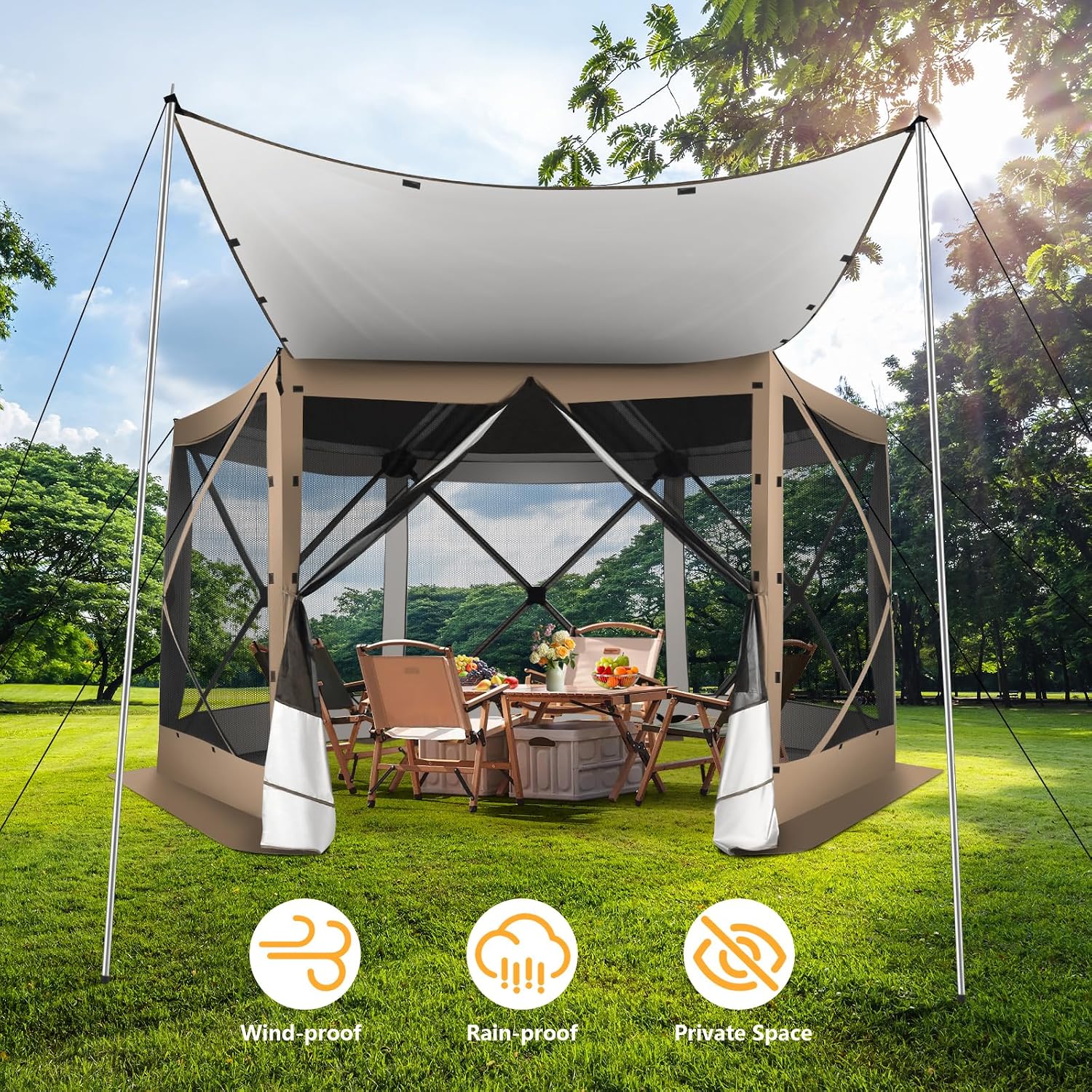 COBIZI Pop Up Gazebo Screen Tent Screen House for Camping, 12x12 Screen Room with Mosquito Netting, Hub Tent Instant Screened Canopy with Carrying Bag and Ground Stakes, Khaki