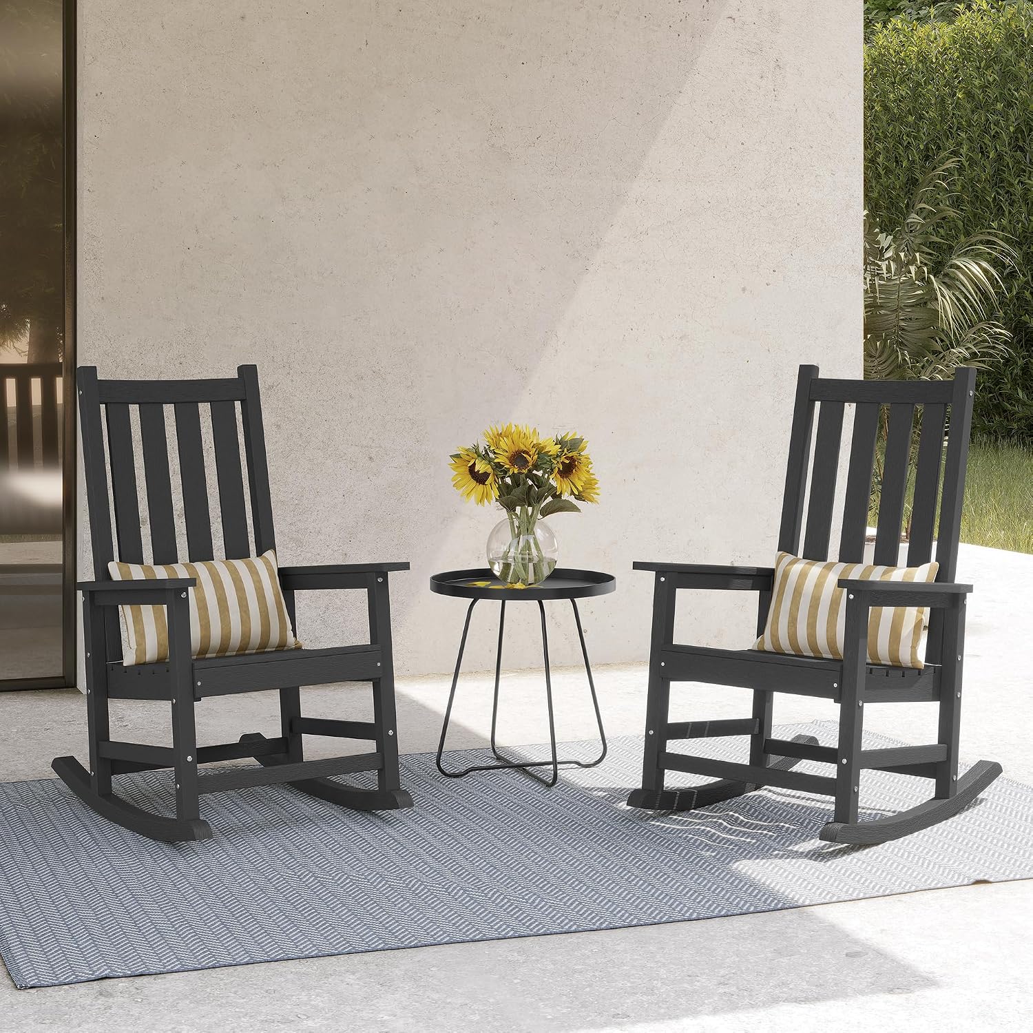 HDPE Outdoor Rocking Chair Set of 2, Oversized Rocking Chairs with Widened Seats & High Backs (2, Black)