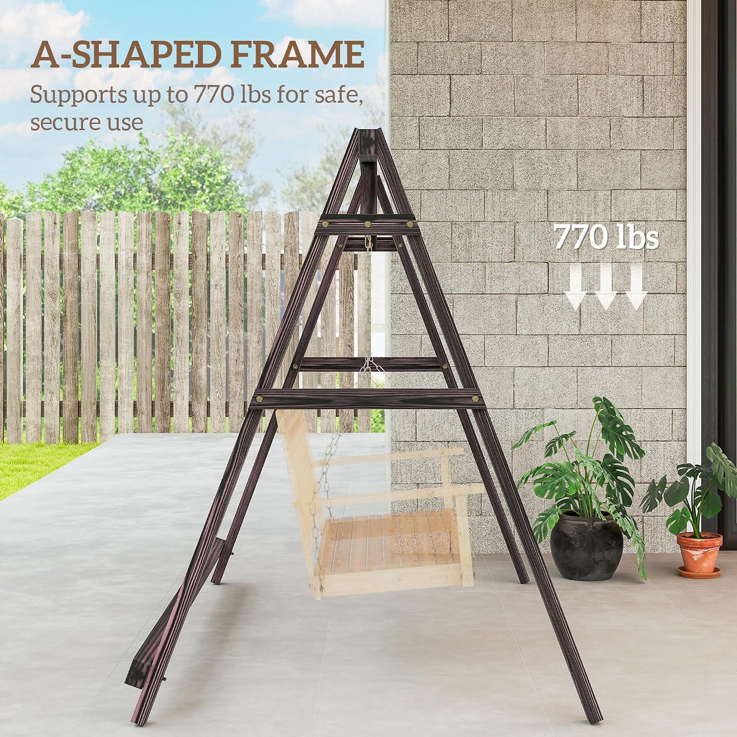 Outsunny 770lbs Porch Swing Frame, Heavy Duty A-Frame Wooden Swing Stand with Reinforced Bars, Freestanding Hanging Chair Stand Only for Porch, Lawn, Garden, Backyard, Carbonized