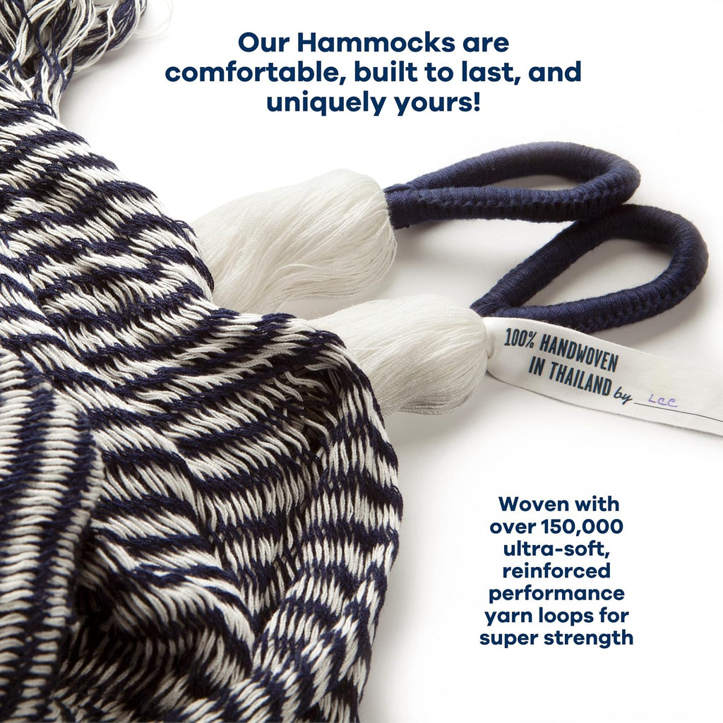 Handwoven Hanging Chair by Yellow Leaf Hammocks - Fits 1 Person, 330lb Max - Kick Back for Full-Body Recline - Weathersafe, Ultra Soft, Hang Anywhere - Color: Stripe Navy Blue - White